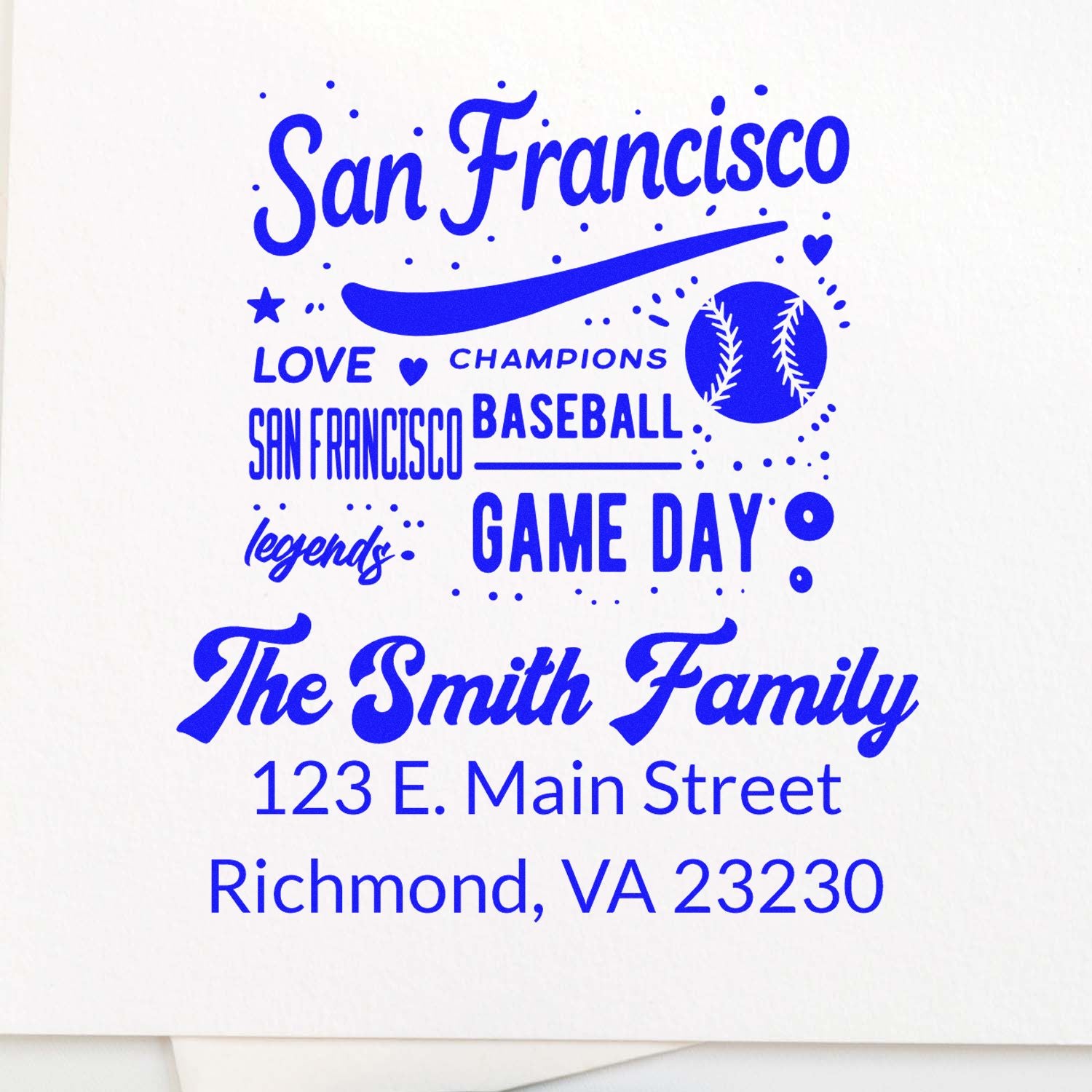 Personalized San Francisco baseball rubber stamp for The Smith Family with game day slogan and return address.