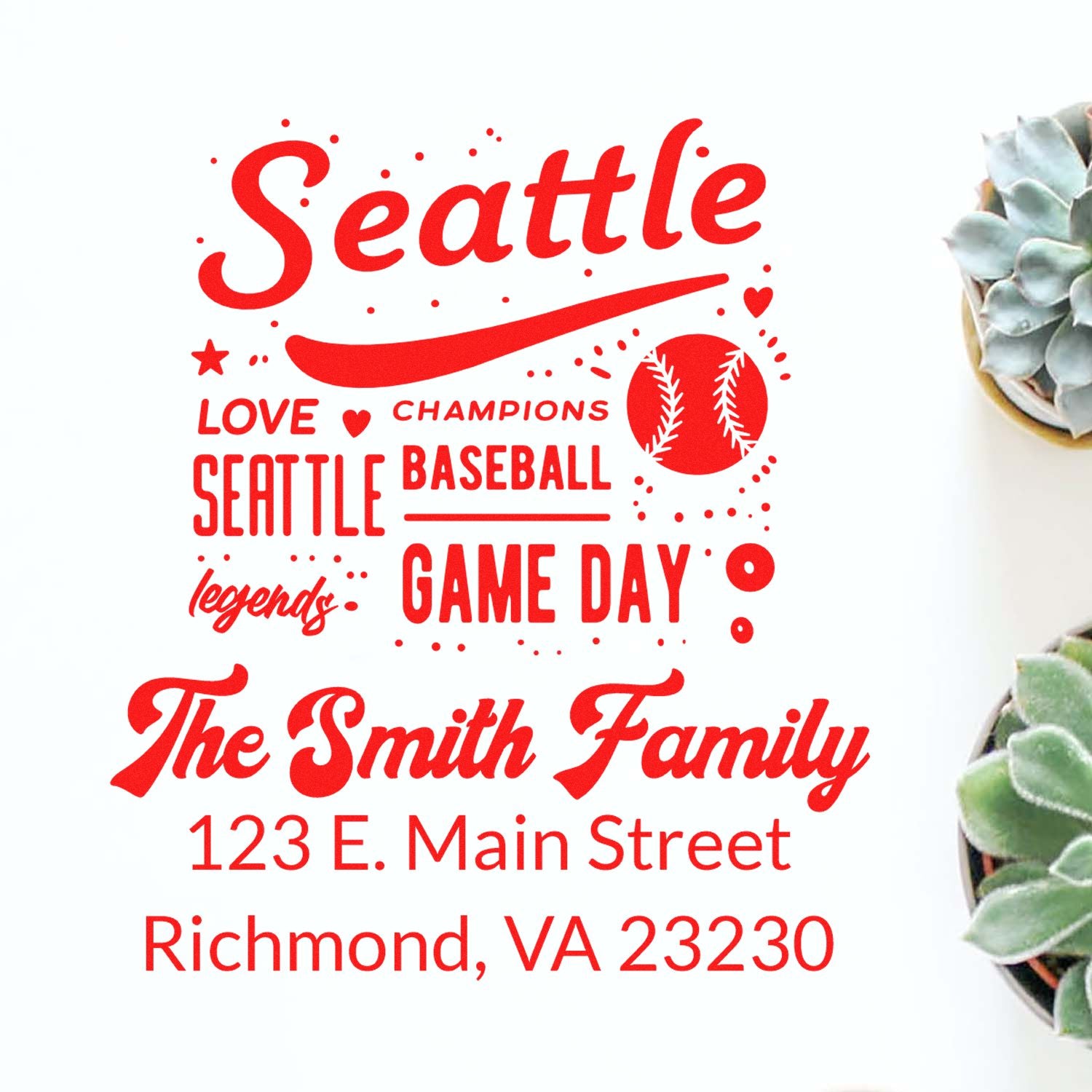 Custom Seattle baseball game day rubber stamp featuring The Smith Family return address for personalized fan mail.