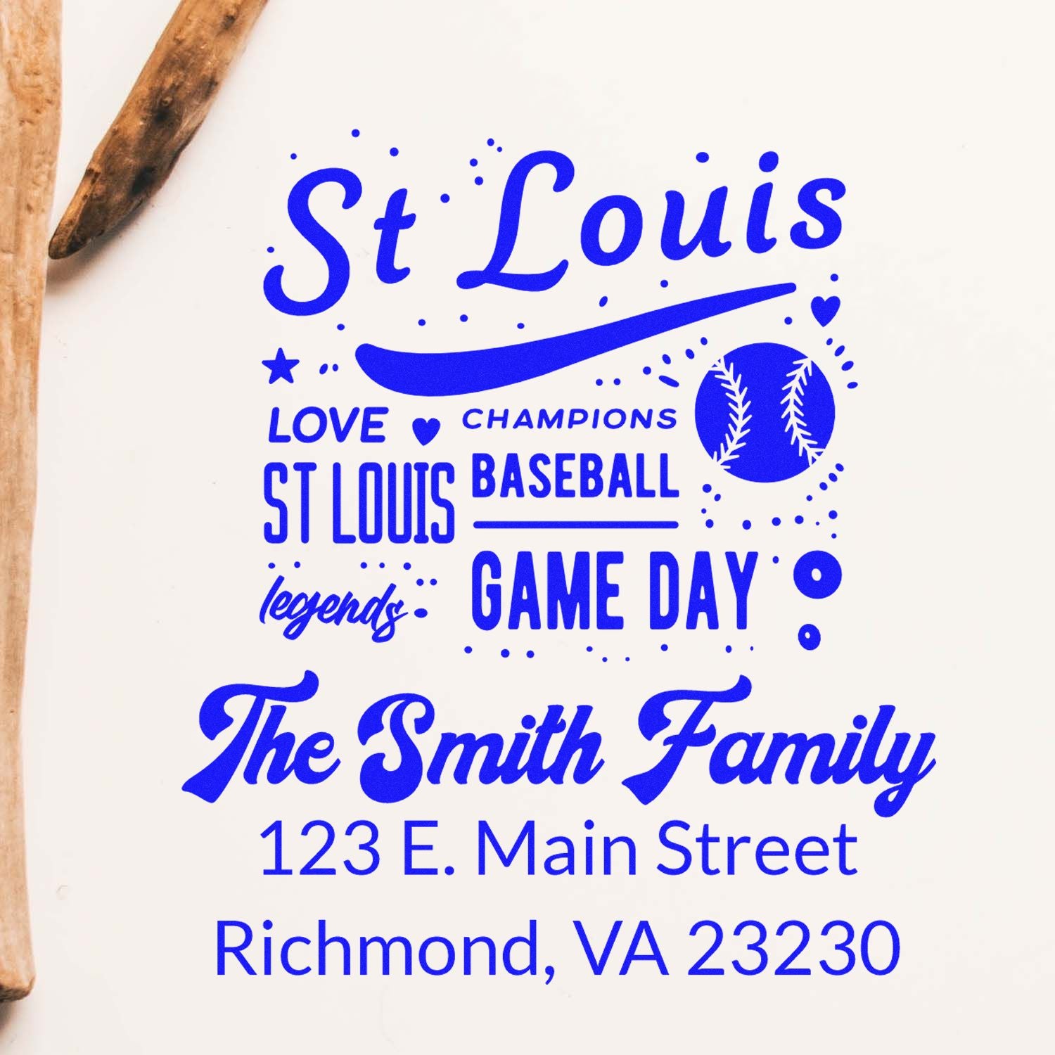 Custom St. Louis baseball game day rubber stamp for The Smith Family with personalized address and sports-themed design.