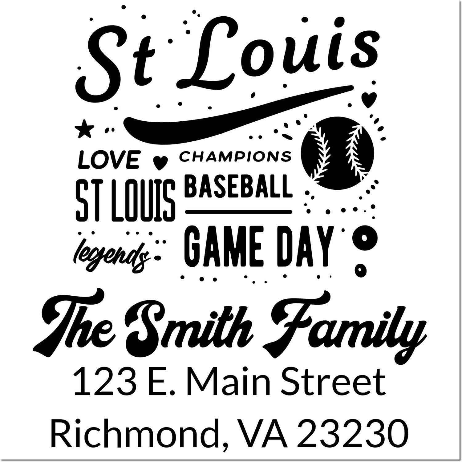 Custom St. Louis baseball address stamp for The Smith Family, featuring game day artwork and Richmond, VA 23230.