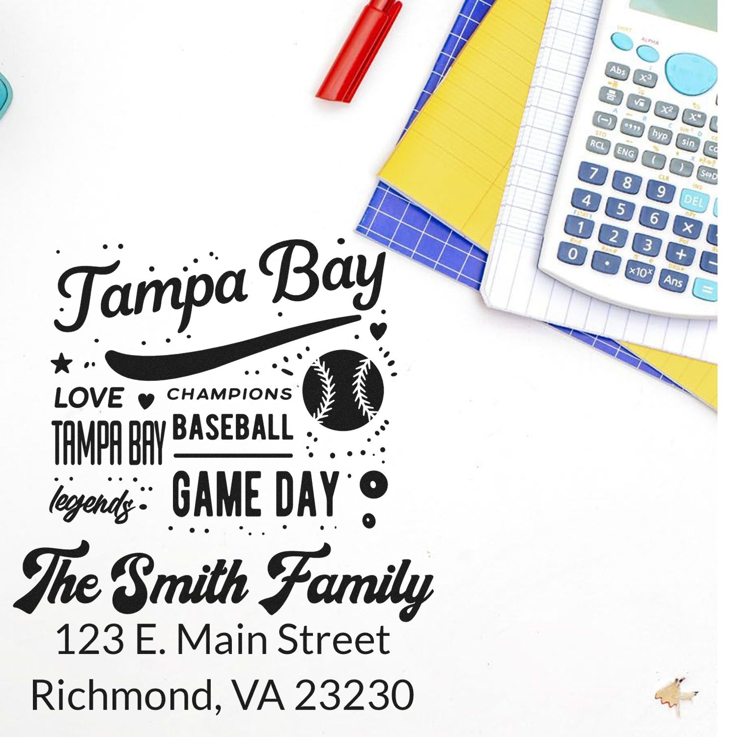 Custom rubber stamp design with Tampa Bay baseball game day, The Smith Family, and return address for personalized mailing.