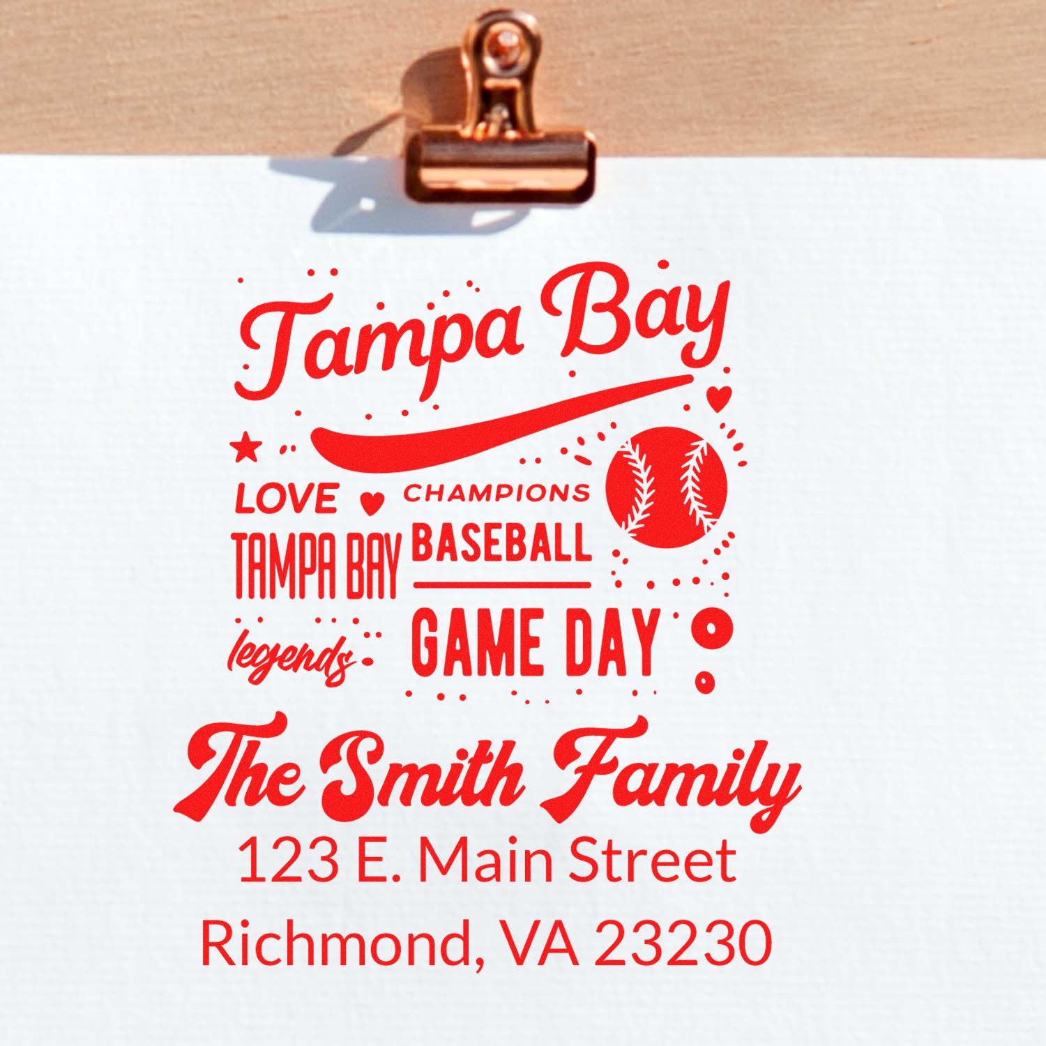 Custom Tampa Bay baseball rubber stamp design with family name and address for personalized game day stationery.