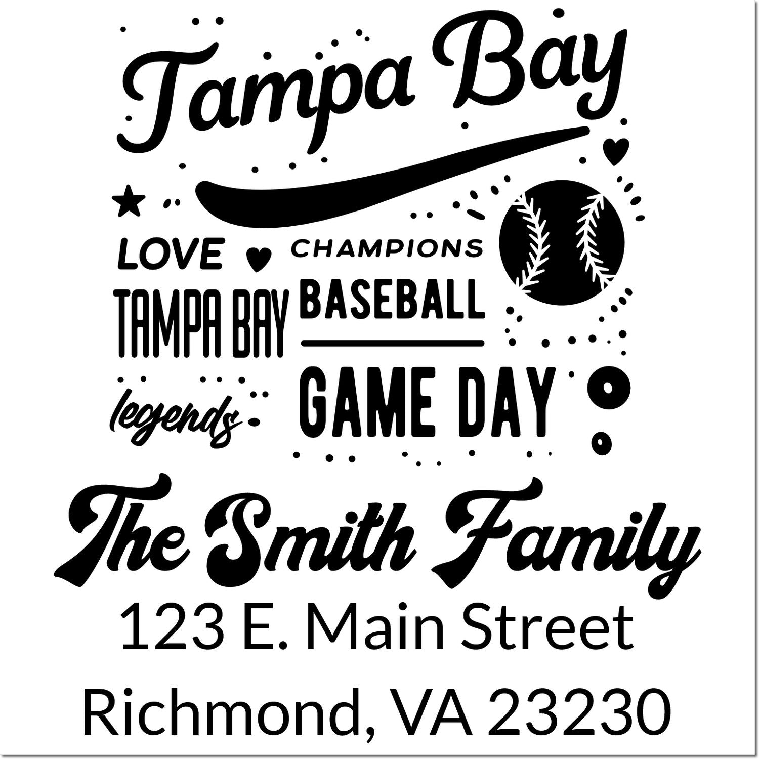 Custom Tampa Bay baseball family rubber stamp with The Smith Family, Game Day, and Richmond, VA address.