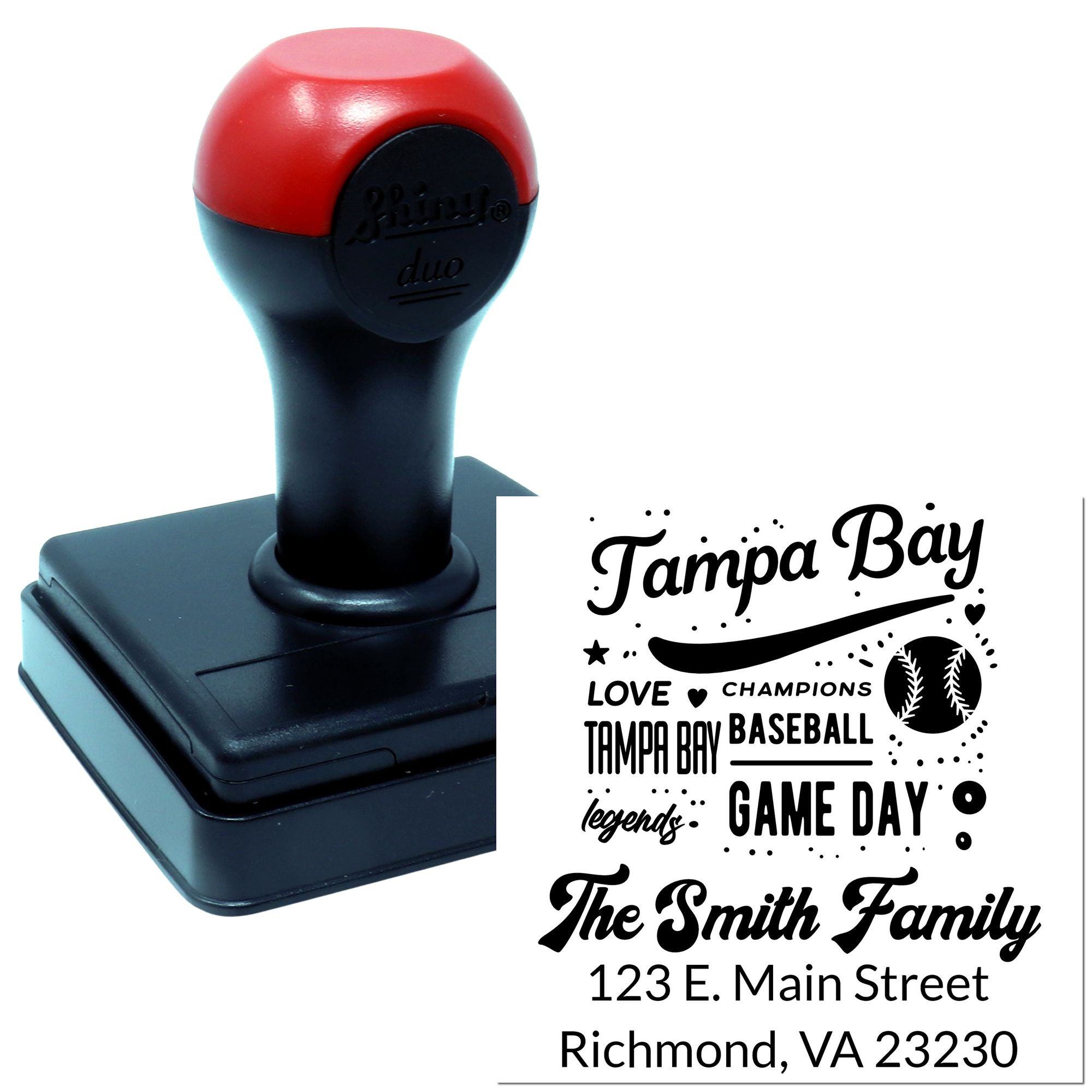 Custom self-inking rubber stamp with Tampa Bay baseball family game day design and return address.