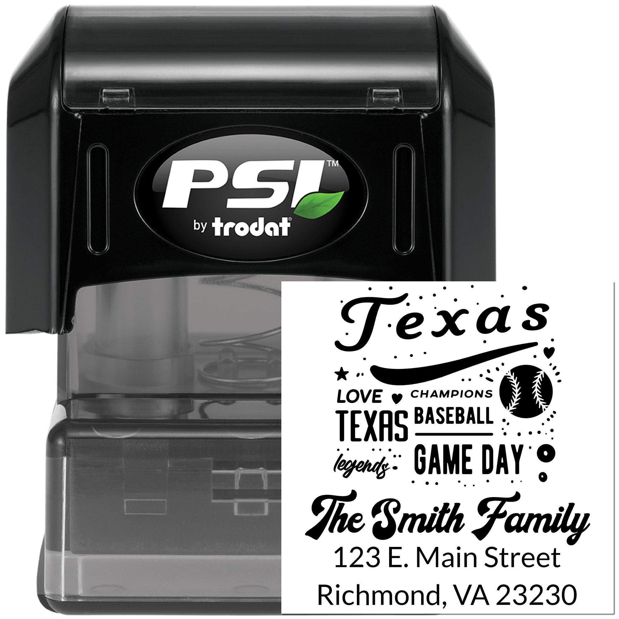 Custom Texas baseball self-inking rubber stamp with family name, address, and game day design by PSI Trodat.