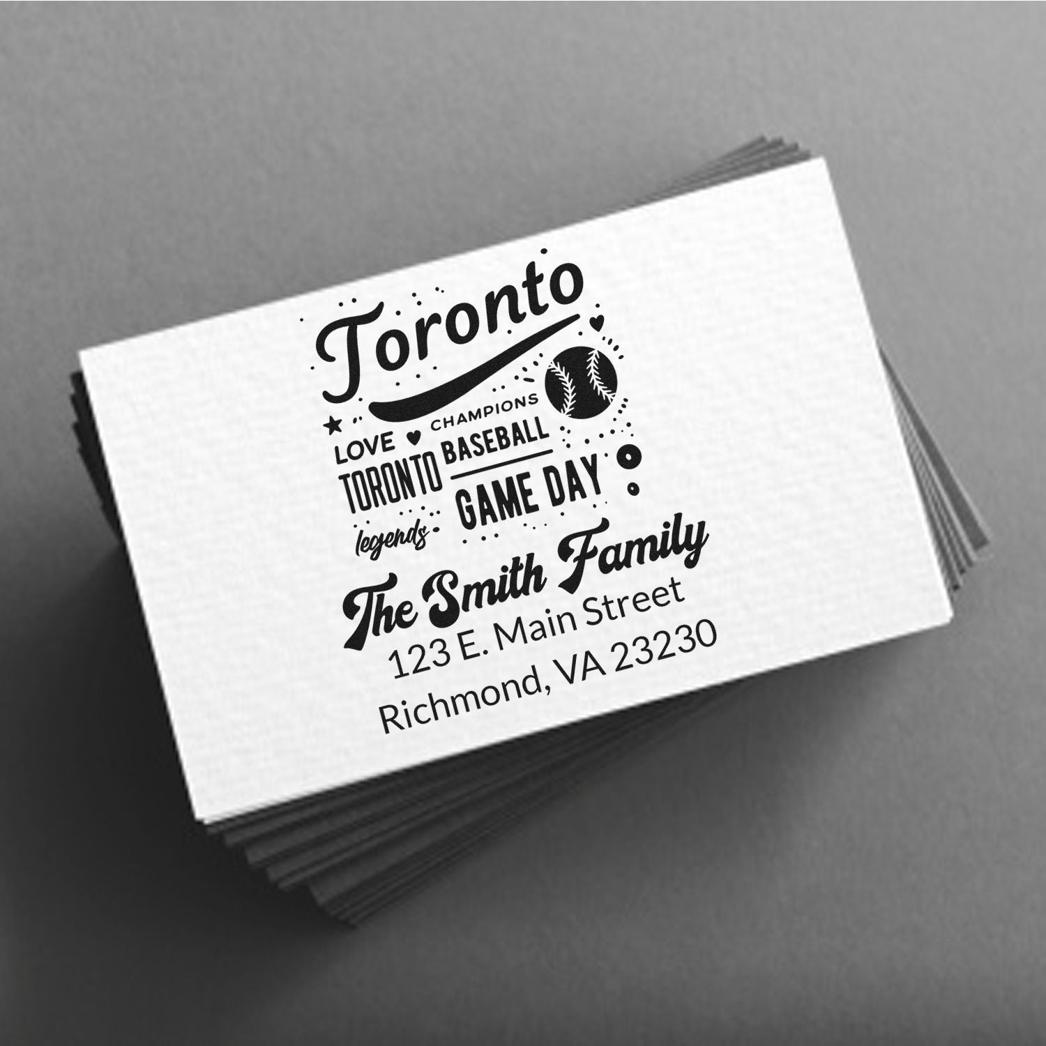 Custom Toronto baseball game day rubber stamp with family name and return address for personalized mailing.