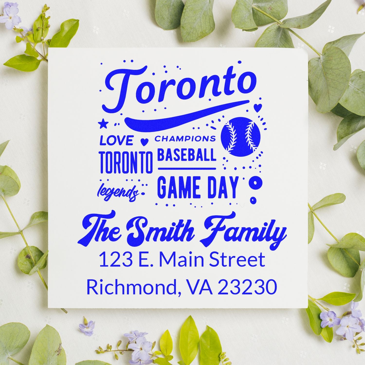 Custom Toronto baseball return address rubber stamp with family name, ideal for personalized game day stationery.