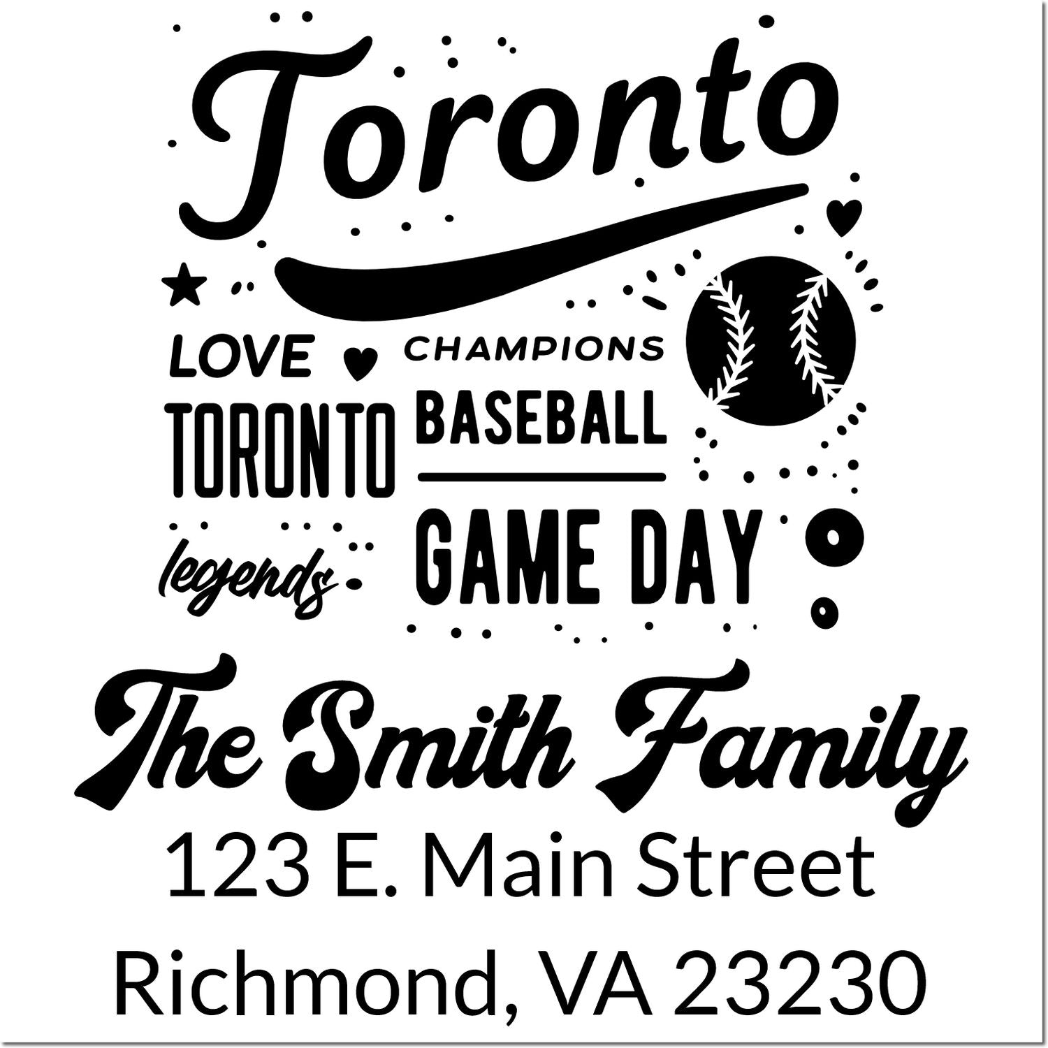 Custom rubber stamp designs for Toronto baseball, Game Day, The Smith Family, and Richmond, VA address stamps.