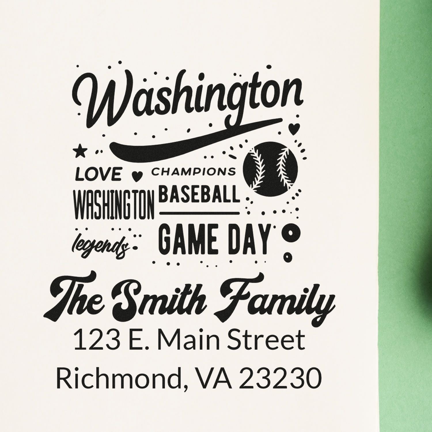 Personalized Washington baseball rubber stamp for The Smith Family, featuring a game day design and Richmond, VA address.
