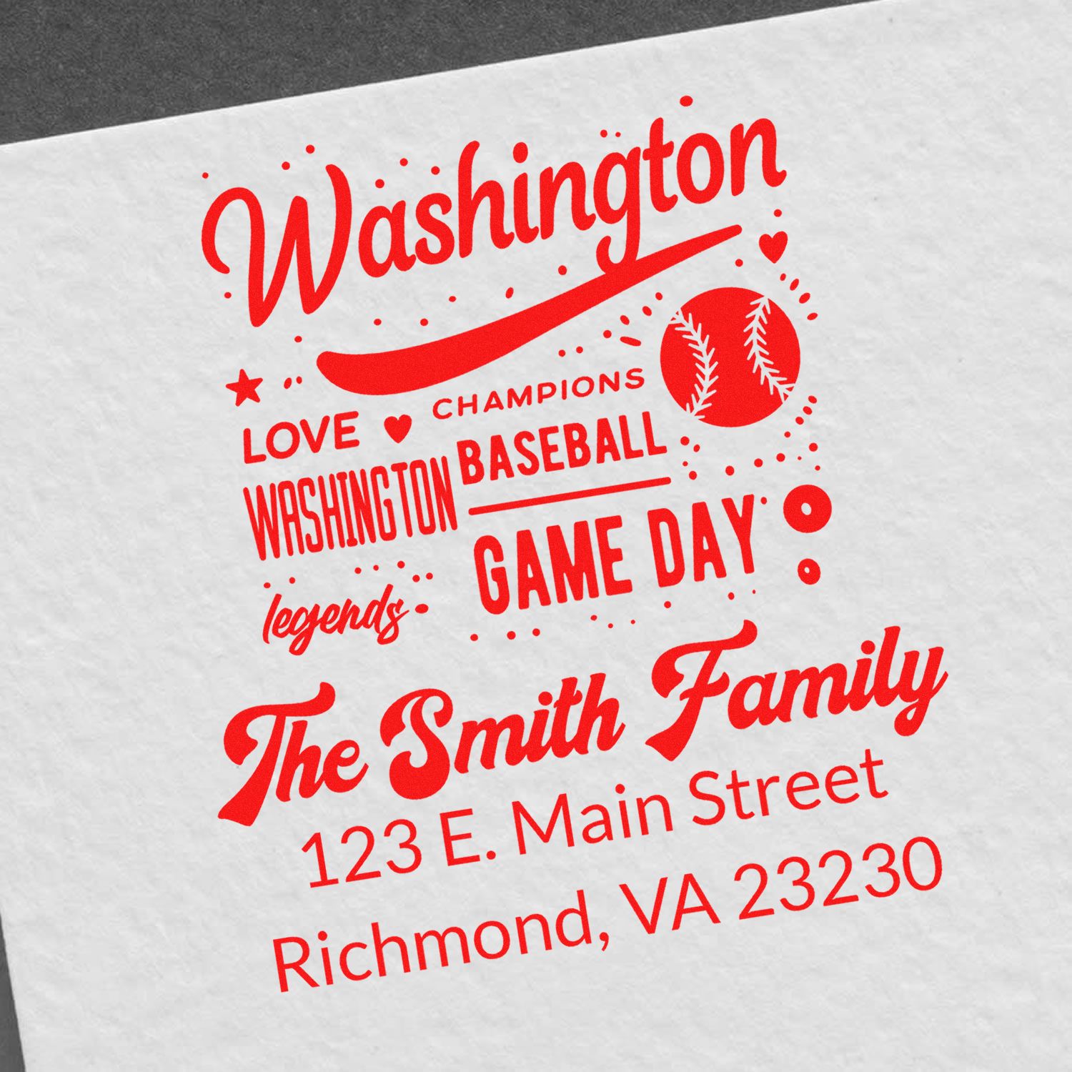 Custom rubber stamp design for Washington baseball game day, personalized for The Smith Family with Richmond, VA address.