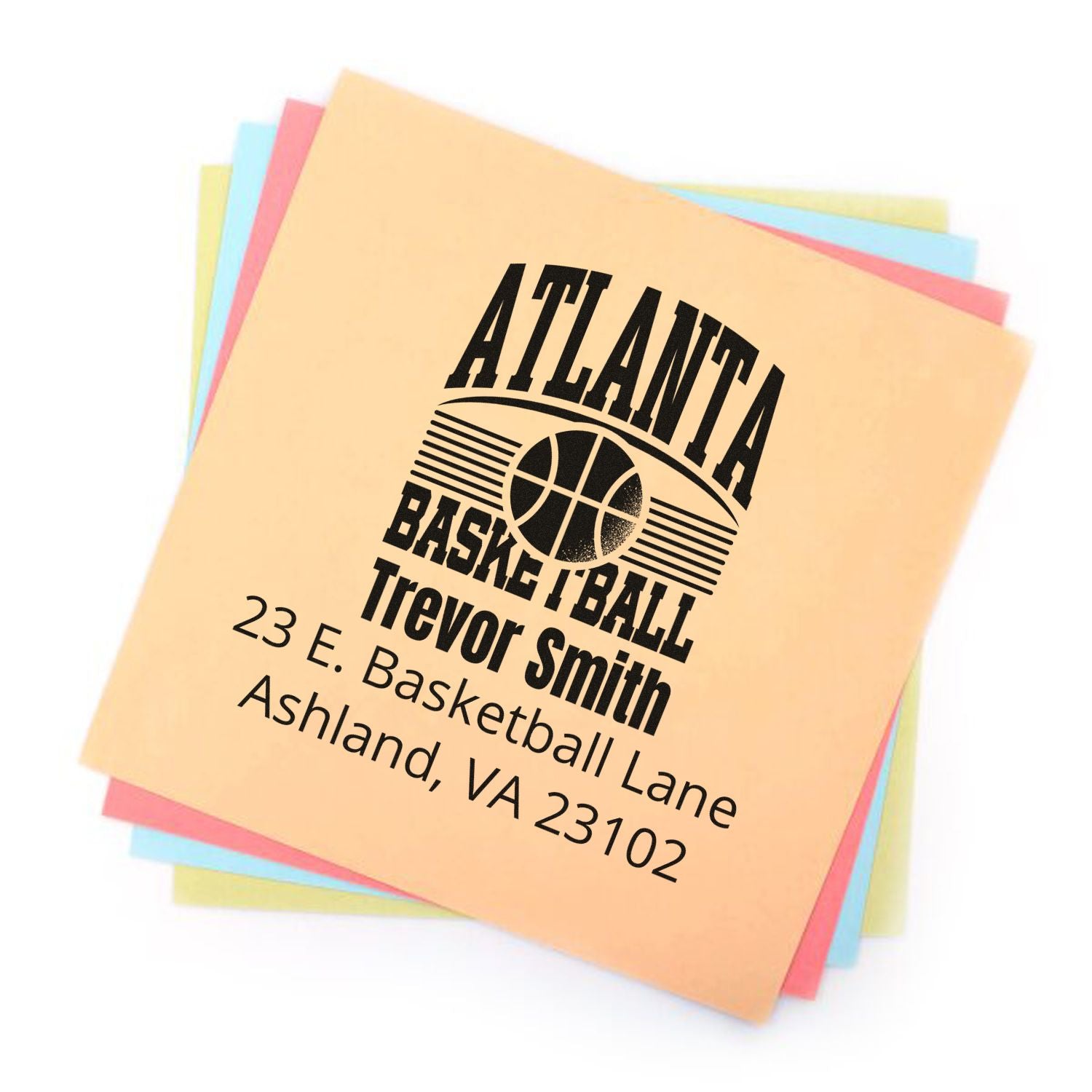 Custom Atlanta basketball rubber stamp with team logo and return address for Trevor Smith, Ashland, VA 23102.