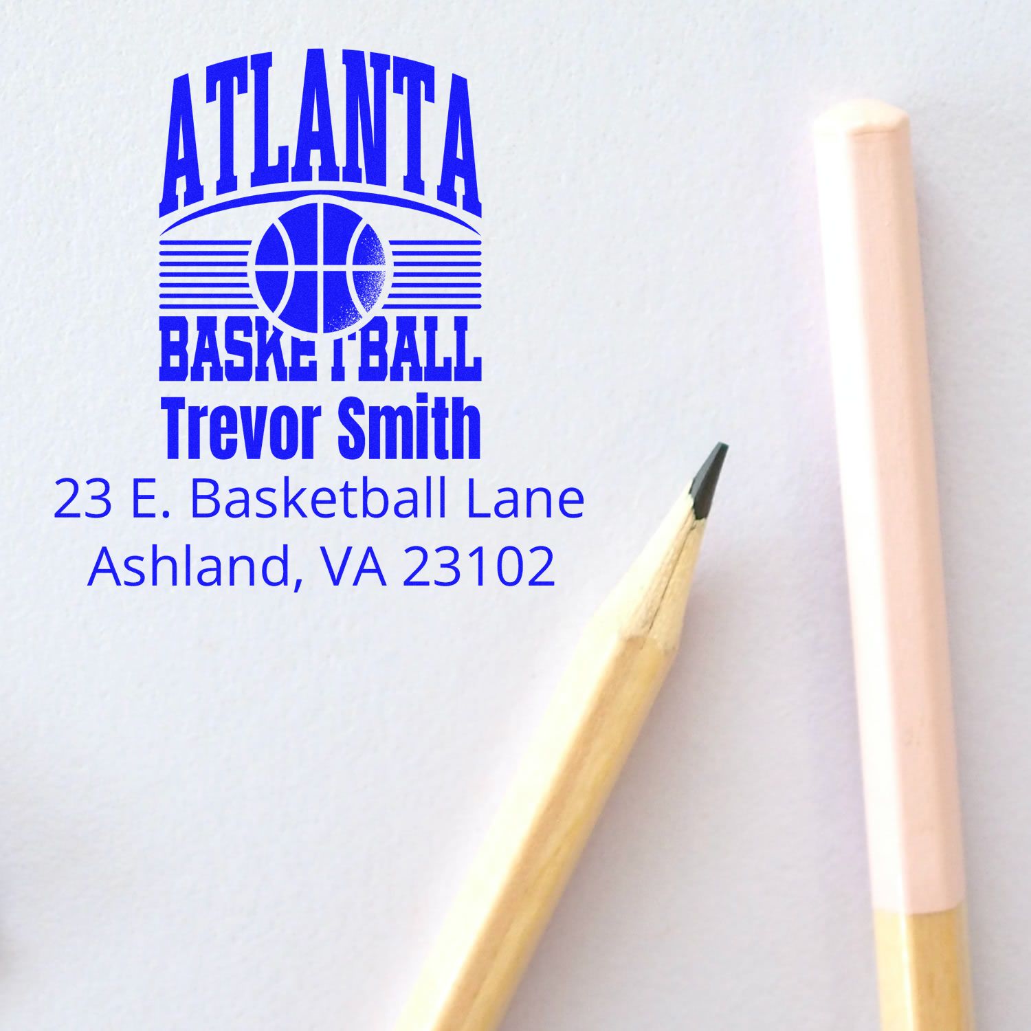 Custom Atlanta Basketball rubber stamp with Trevor Smith name and Ashland, VA address for personalized sports stationery.