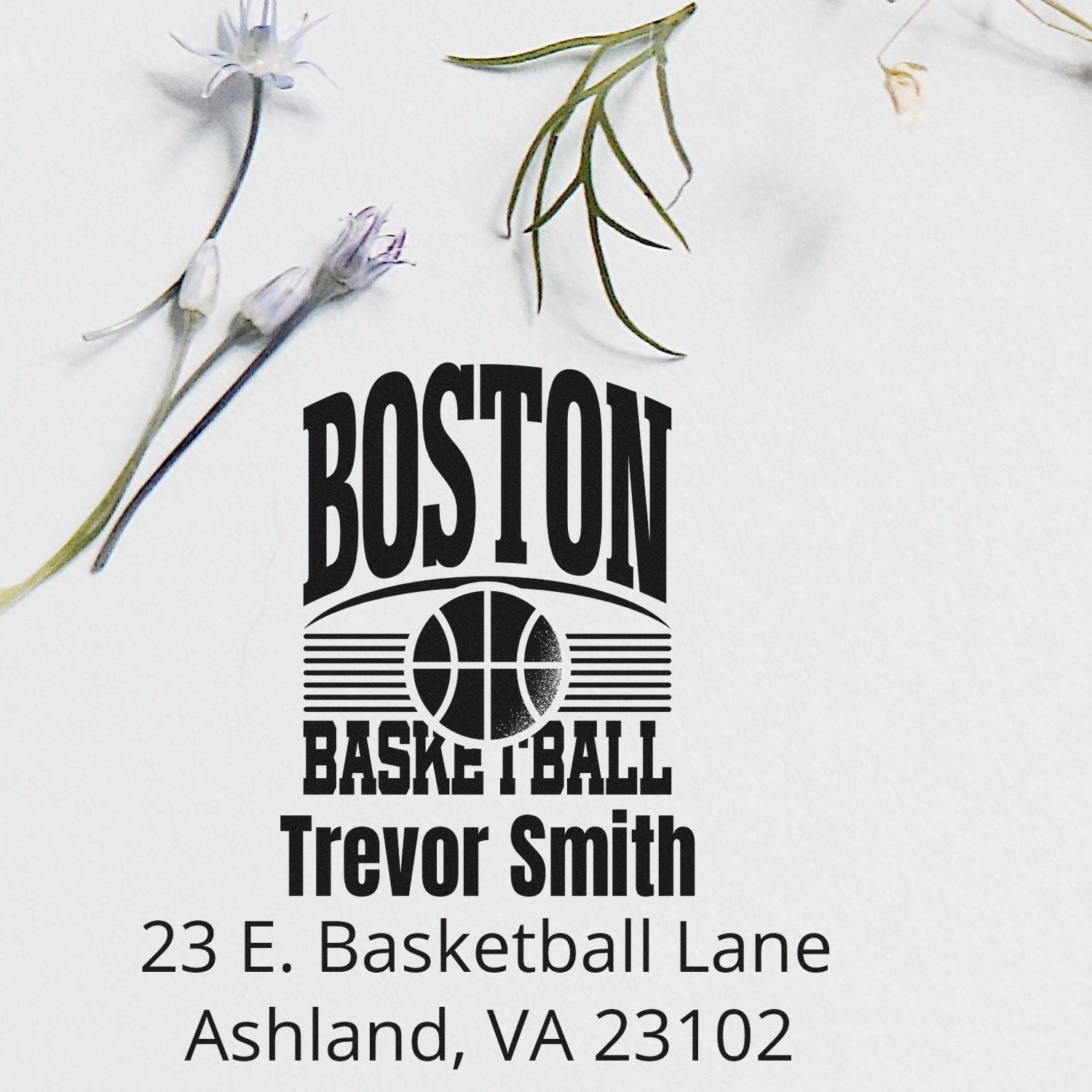 Custom Boston basketball return address rubber stamp for Trevor Smith, 23 E. Basketball Lane, Ashland, VA 23102.