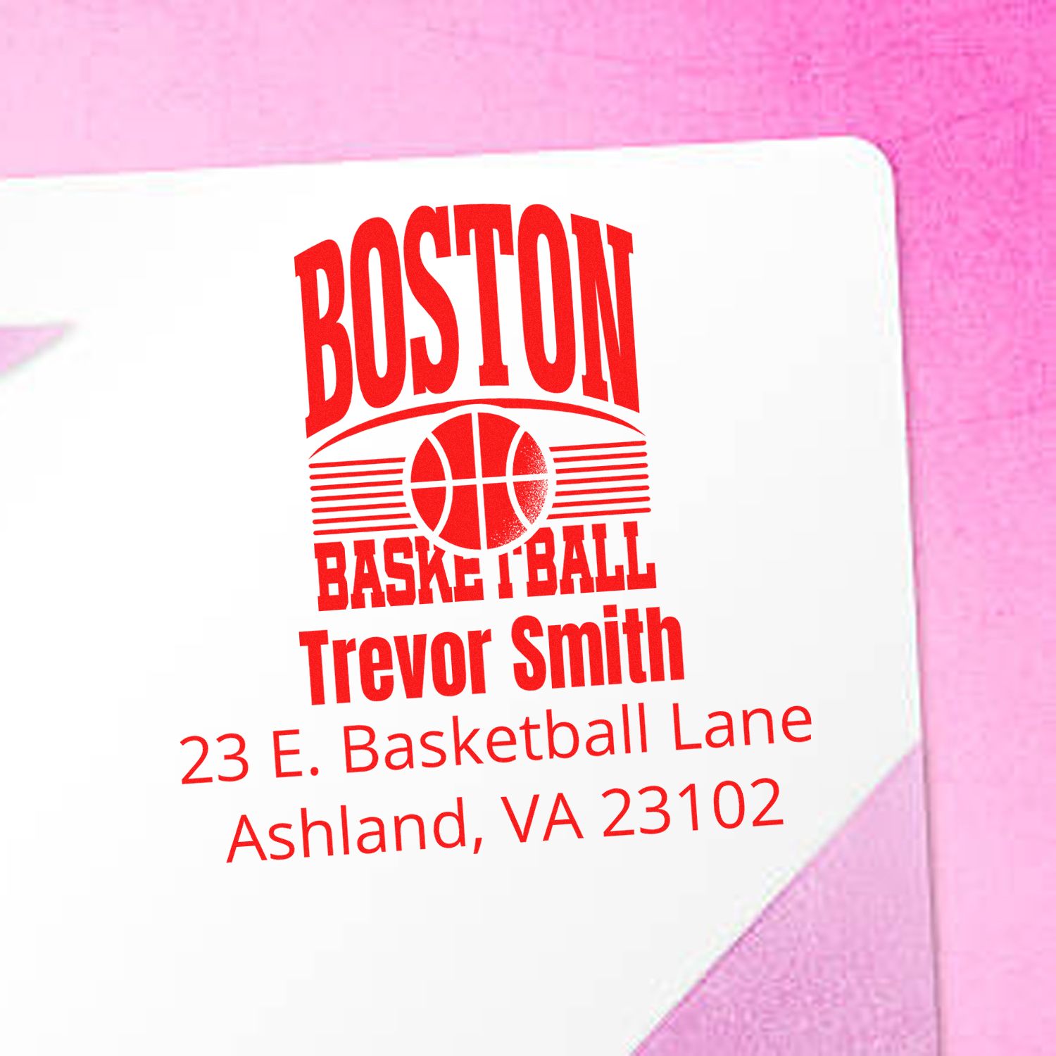 Custom Boston basketball rubber stamp with personalized name and return address for mailings and packaging.