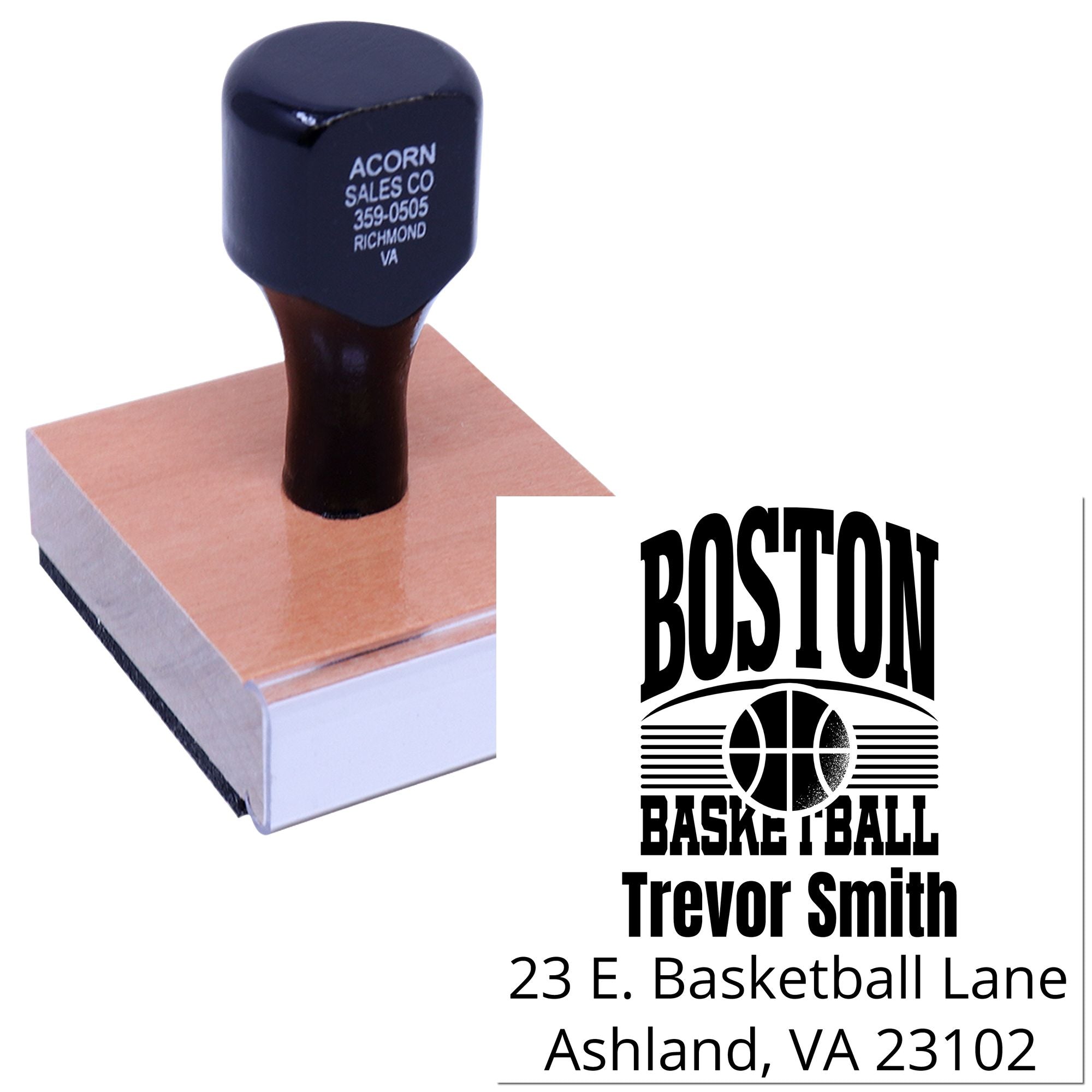 Custom rubber address stamp with Boston basketball logo, Trevor Smith, and Ashland, VA mailing details for business use.