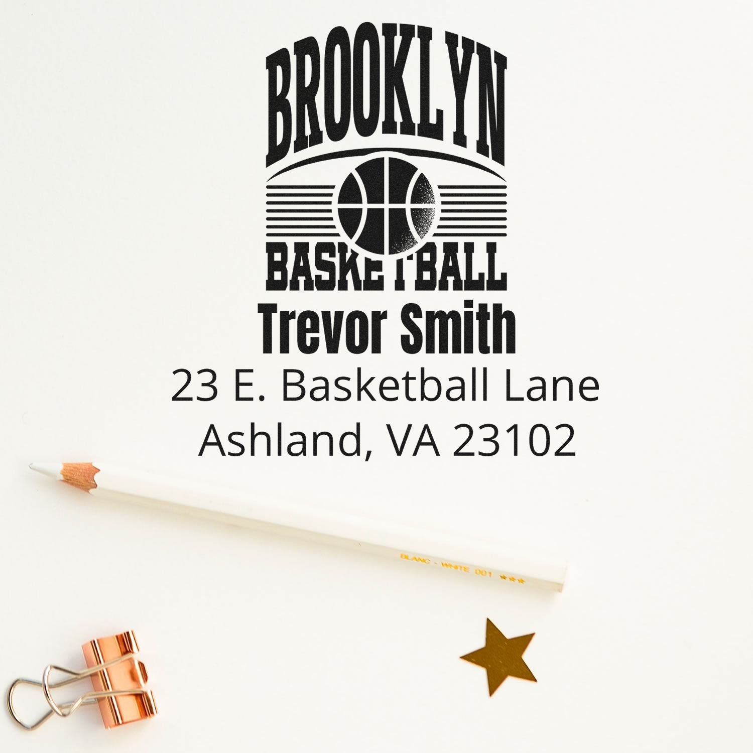 Brooklyn Basketball custom rubber stamp with Trevor Smith name and Ashland, VA return address