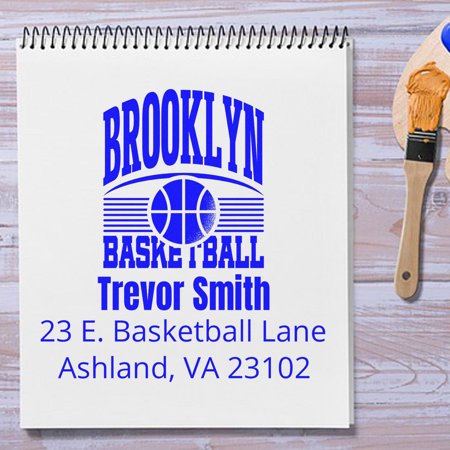 Custom Brooklyn Basketball rubber stamp design with Trevor Smith name and Ashland, VA address for team stationery and branding.