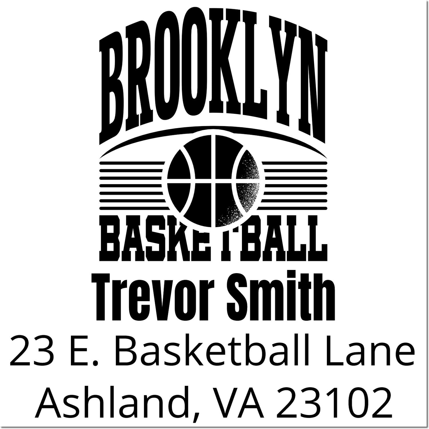 Custom Brooklyn Basketball rubber stamp for Trevor Smith with basketball logo and Ashland, VA 23102 address.
