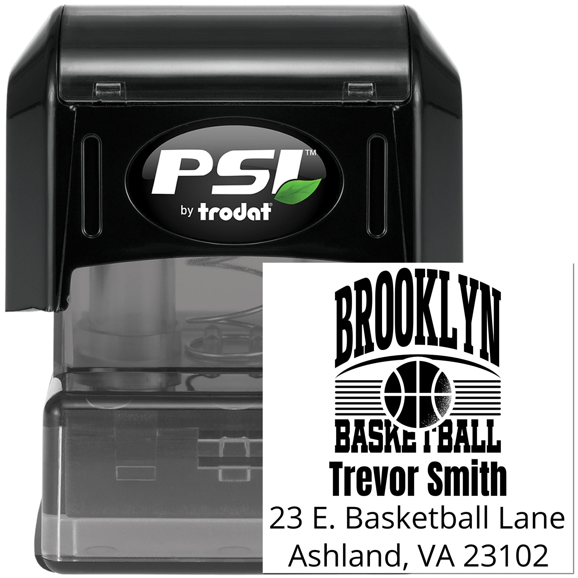 PSI by Trodat self-inking rubber stamp with custom Brooklyn basketball address imprint for personalized mailing.