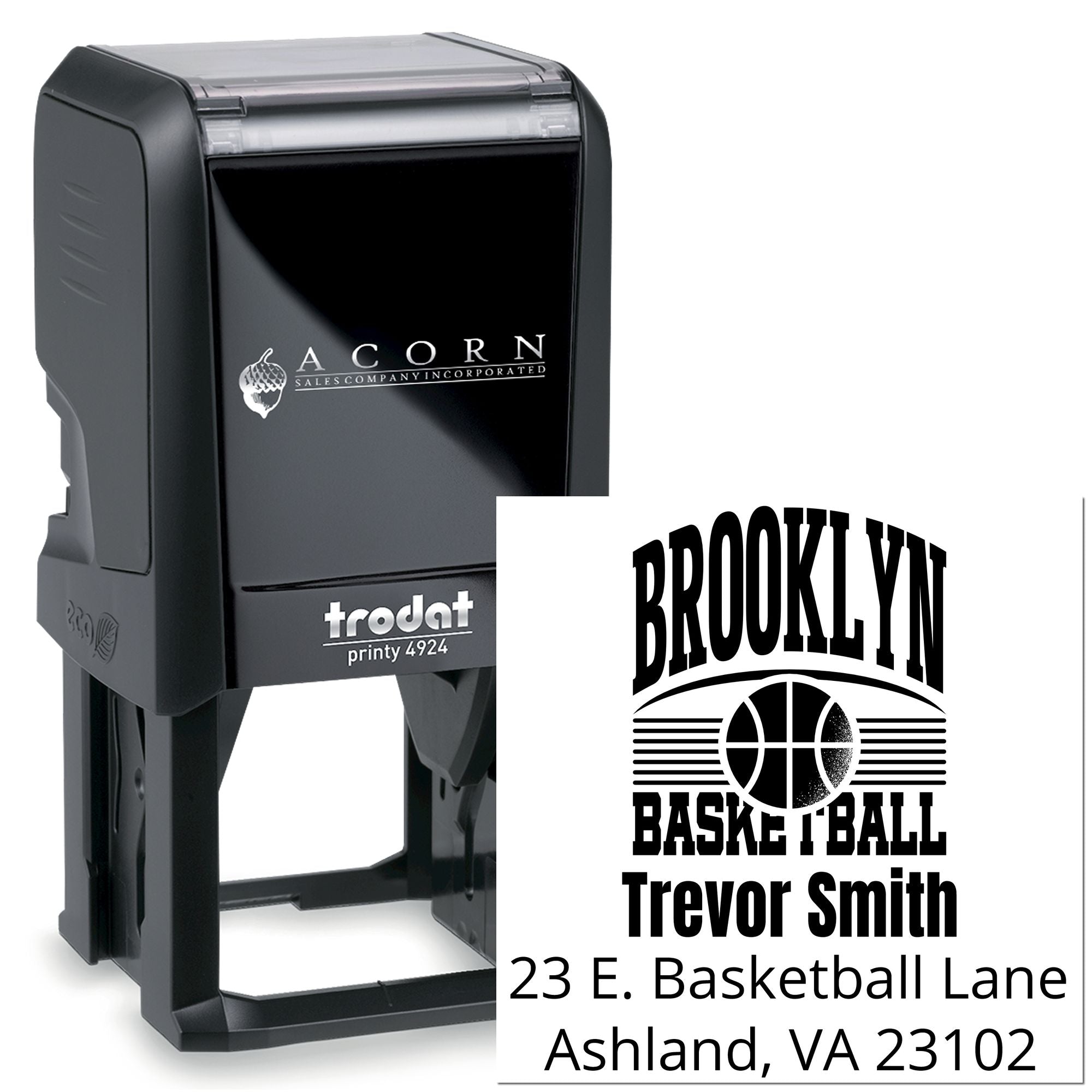 Custom self-inking rubber stamp for Brooklyn Basketball, featuring Trevor Smiths personalized address imprint and Trodat Printy 4924.