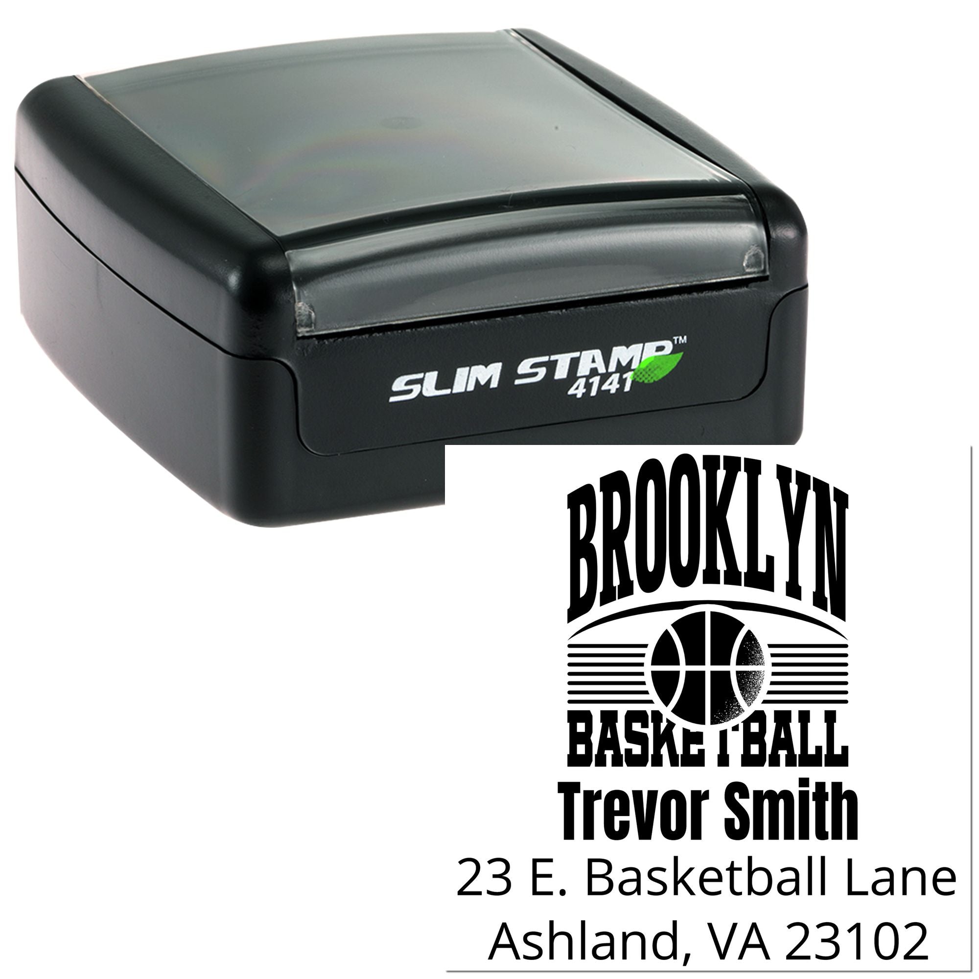 Custom self-inking rubber stamp with Brooklyn, NY basketball return address design for Trevor Smith
