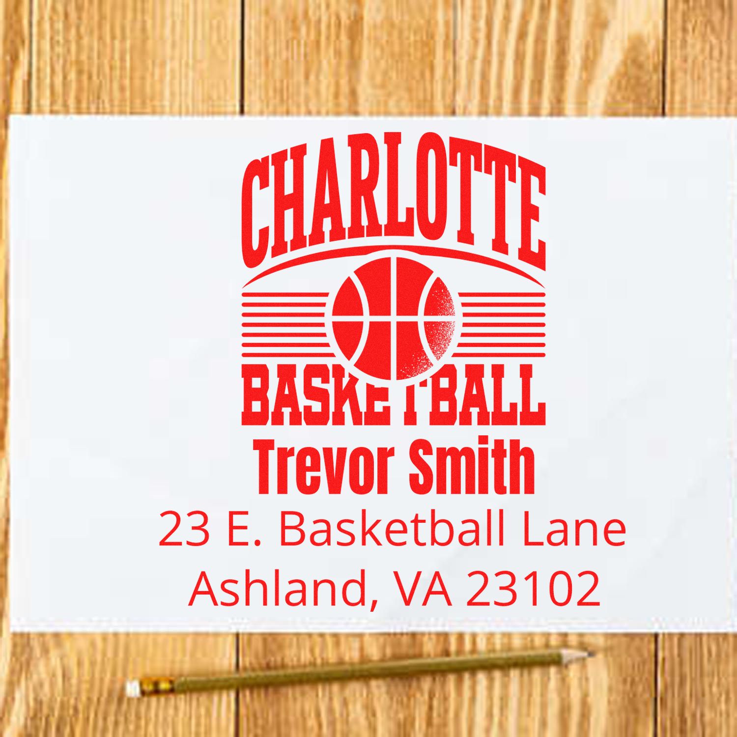Personalized basketball return address rubber stamp for Charlotte, Trevor Smith, Ashland VA envelopes
