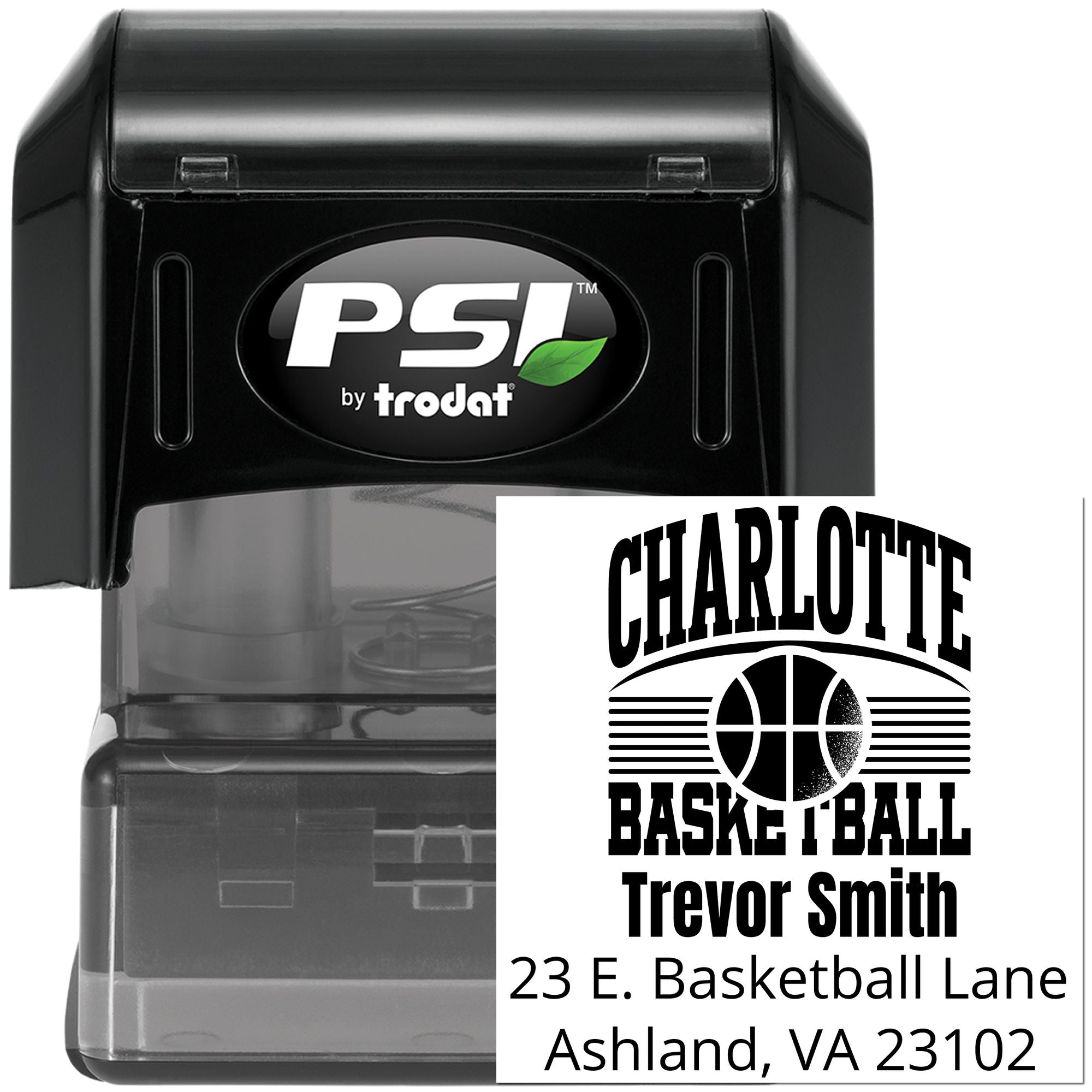 Custom Charlotte basketball address stamp by PSI by Trodat, ideal for personalized self-inking return address mailing.