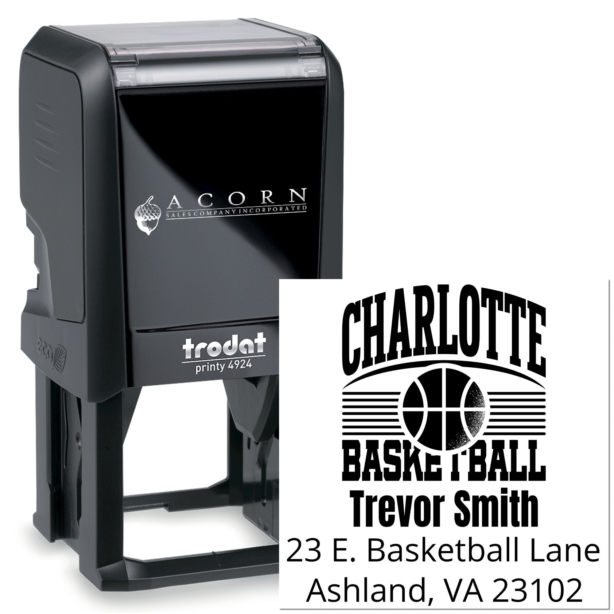 Custom Trodat self-inking rubber stamp with Charlotte Basketball address imprint for personalized mailing.