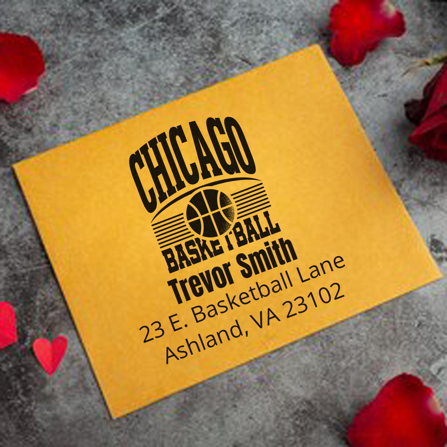 Custom Chicago basketball return address rubber stamp with name and address for personalized stationery.
