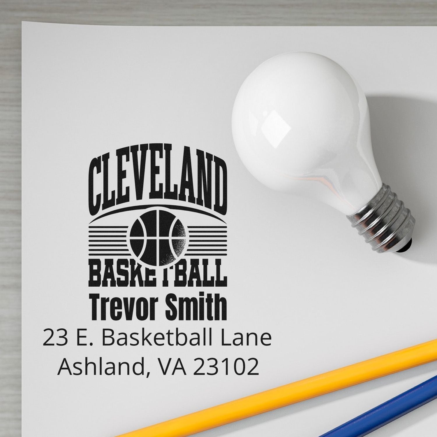 Personalized Cleveland basketball return address rubber stamp for Trevor Smith, Ashland, VA 23102.