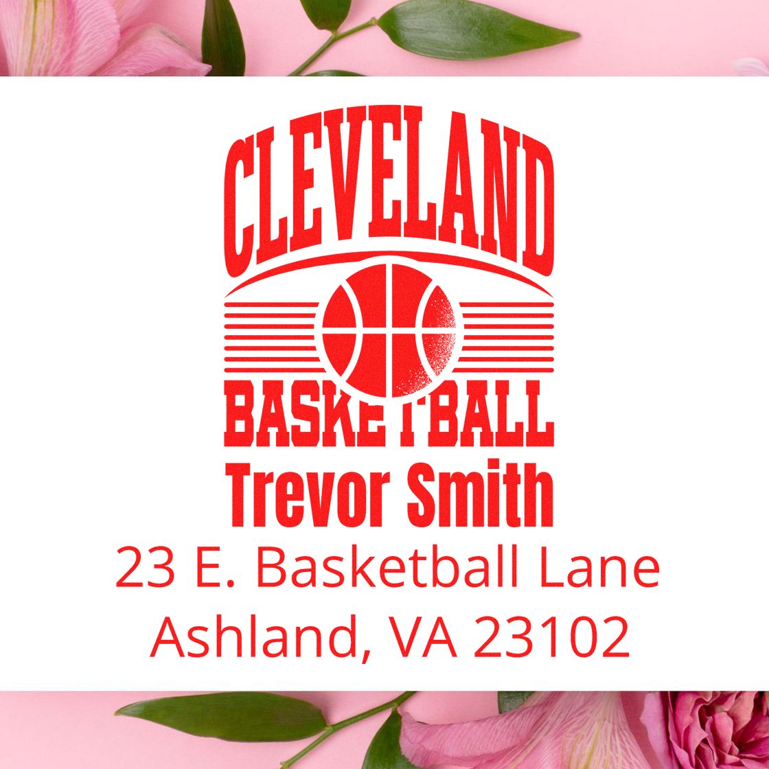 Custom Cleveland basketball rubber stamp for Trevor Smith, 23 E. Basketball Lane, Ashland, VA 23102.