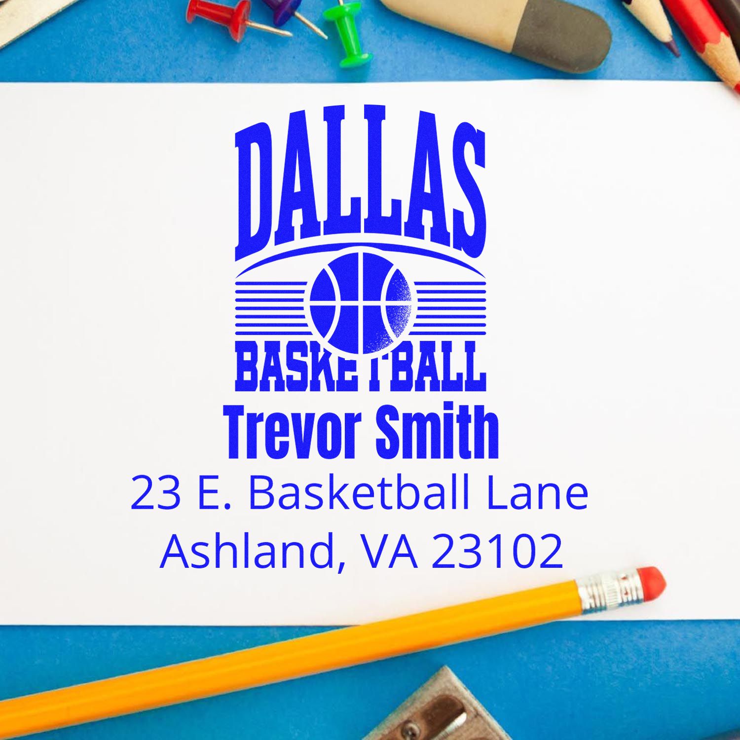 Custom Dallas basketball return address rubber stamp for Trevor Smith, 23 E. Basketball Lane, Ashland, VA 23102