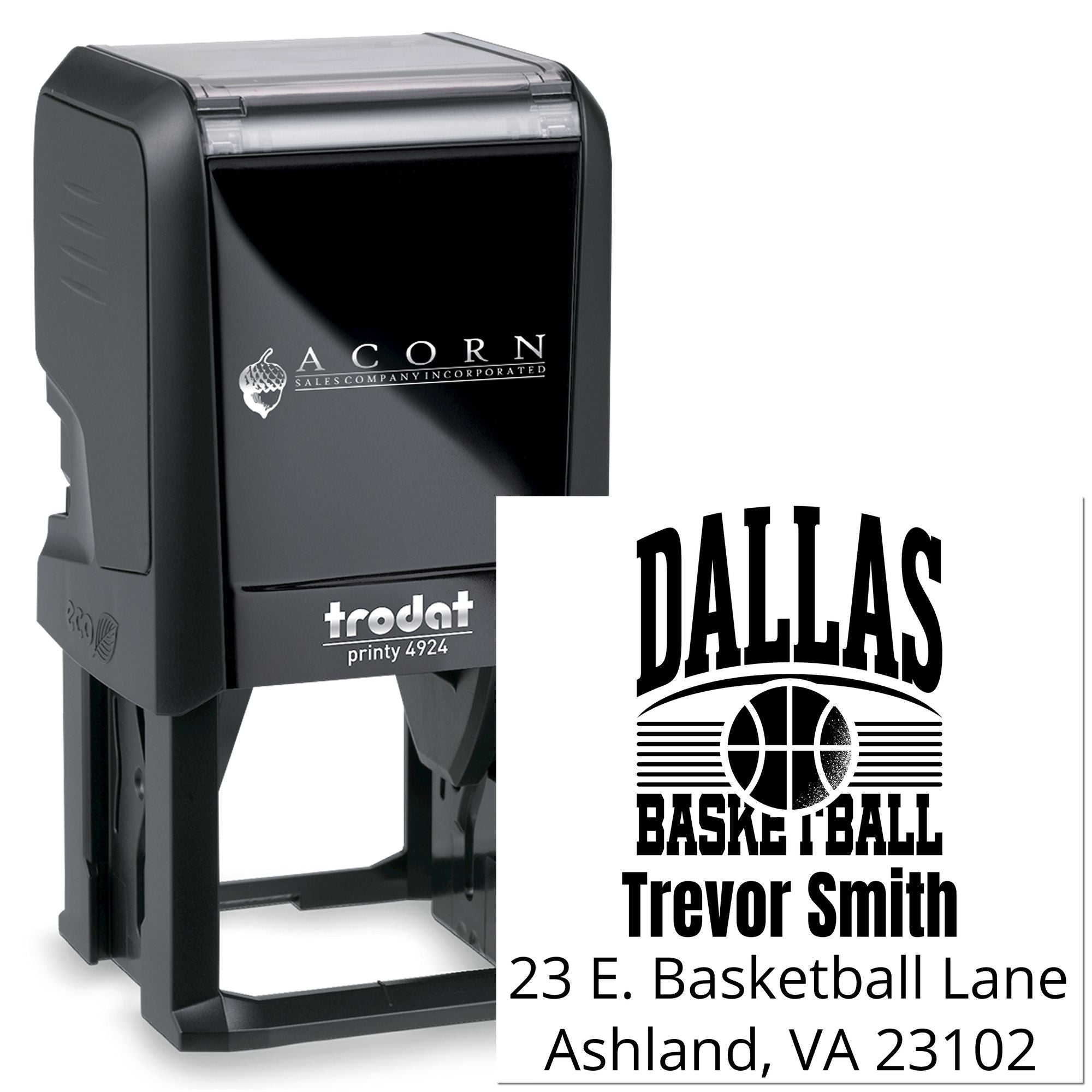 Custom self-inking rubber address stamp with Dallas Basketball design, Trevor Smith name, and Ashland, VA address.