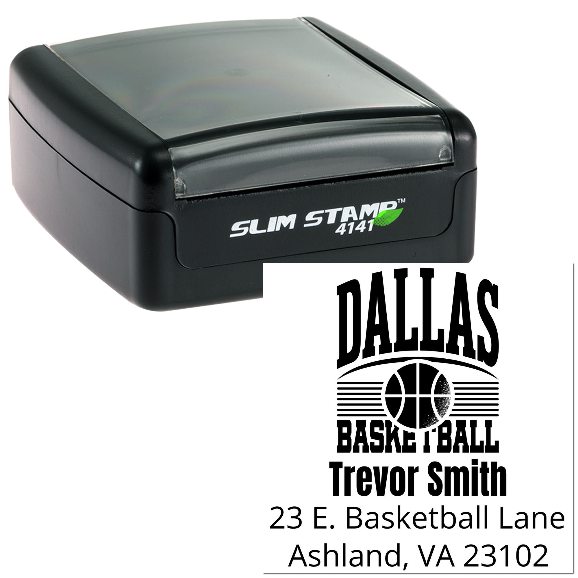 Custom self-inking rubber stamp for Dallas Basketball address imprint with name, logo, and mailing details.