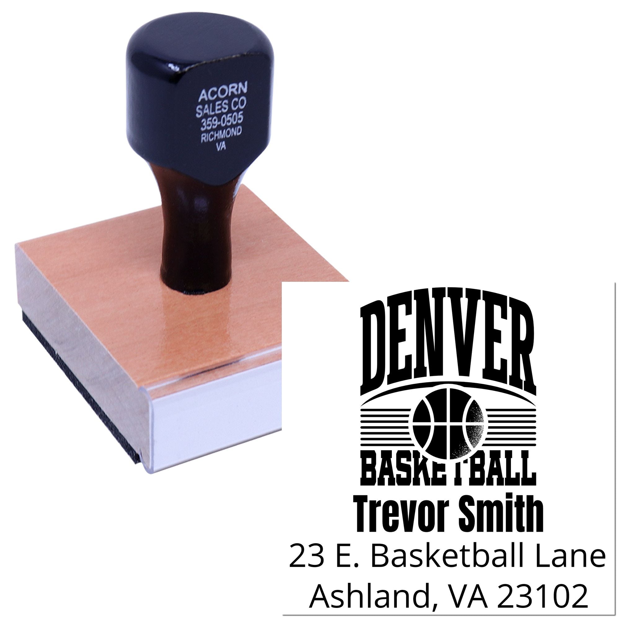Custom basketball address rubber stamp with Denver Basketball logo and Trevor Smith mailing details for Ashland, VA.