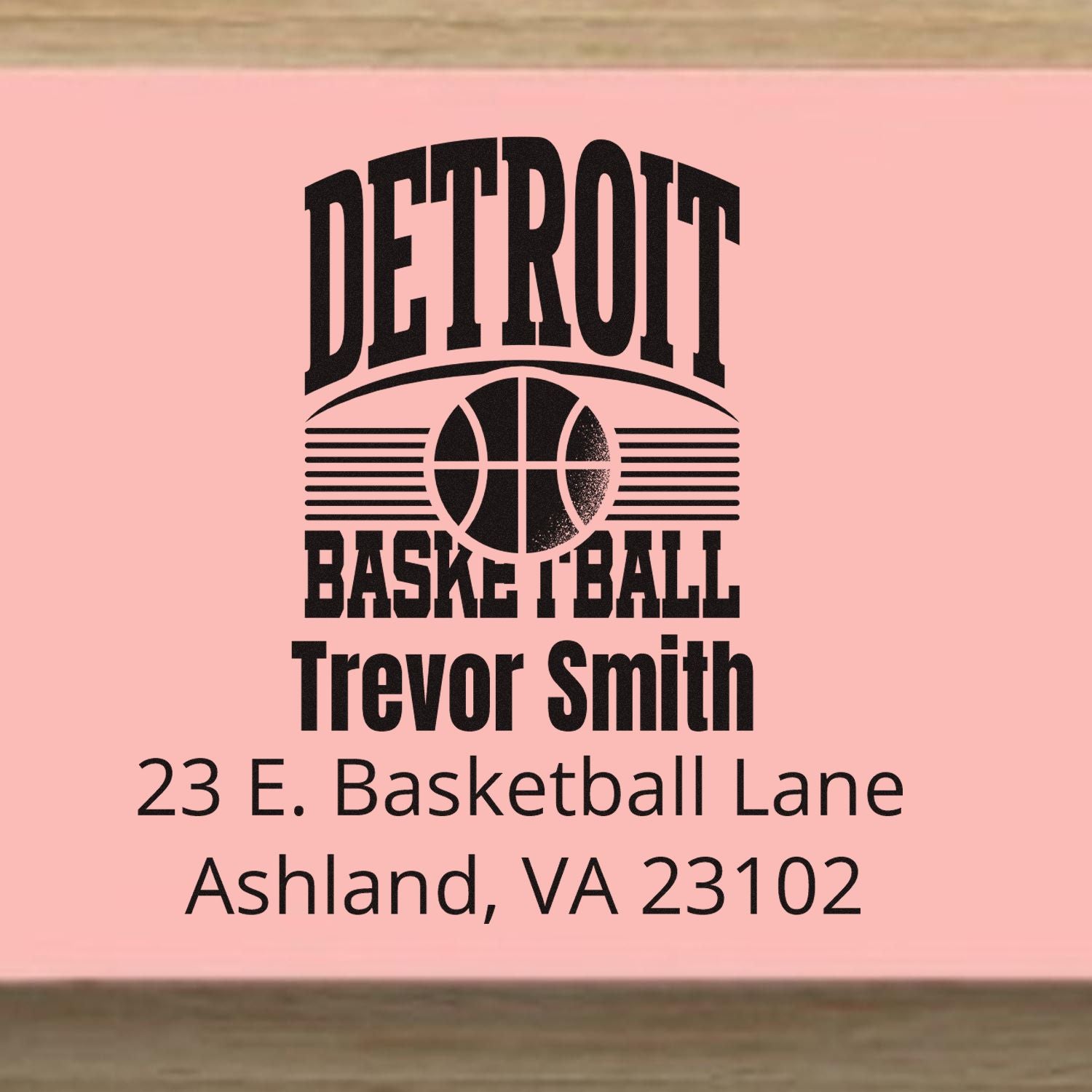 Custom Detroit Basketball return address rubber stamp for Trevor Smith, 23 E. Basketball Lane, Ashland, VA 23102.