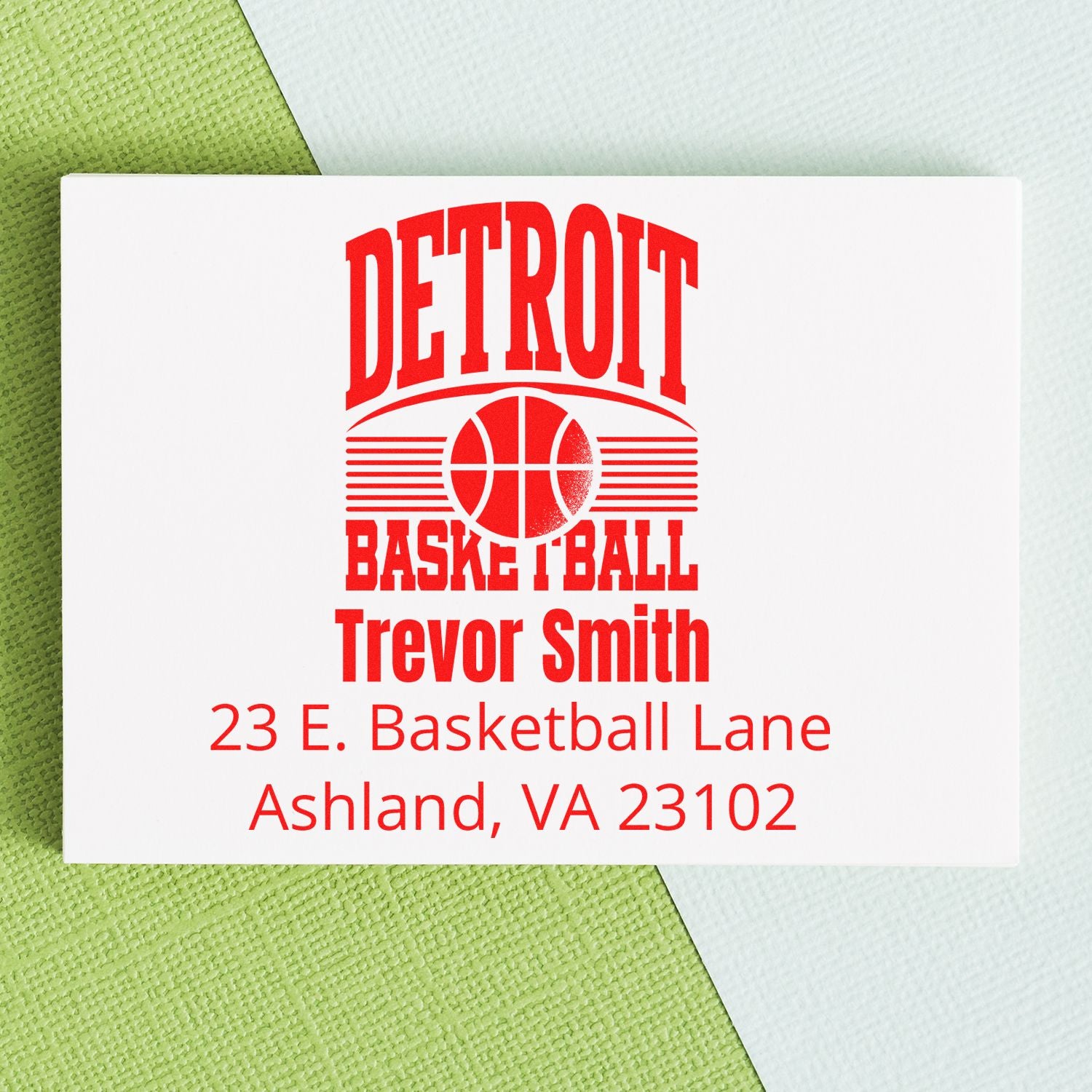 Custom Detroit basketball rubber stamp for Trevor Smith with name and Ashland, VA return address.
