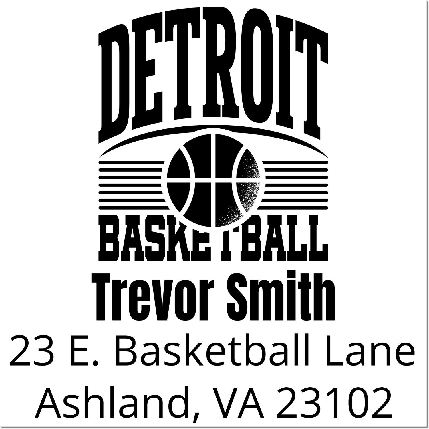 Detroit Basketball address rubber stamp for Trevor Smith, 23 E. Basketball Lane, Ashland, VA 23102.