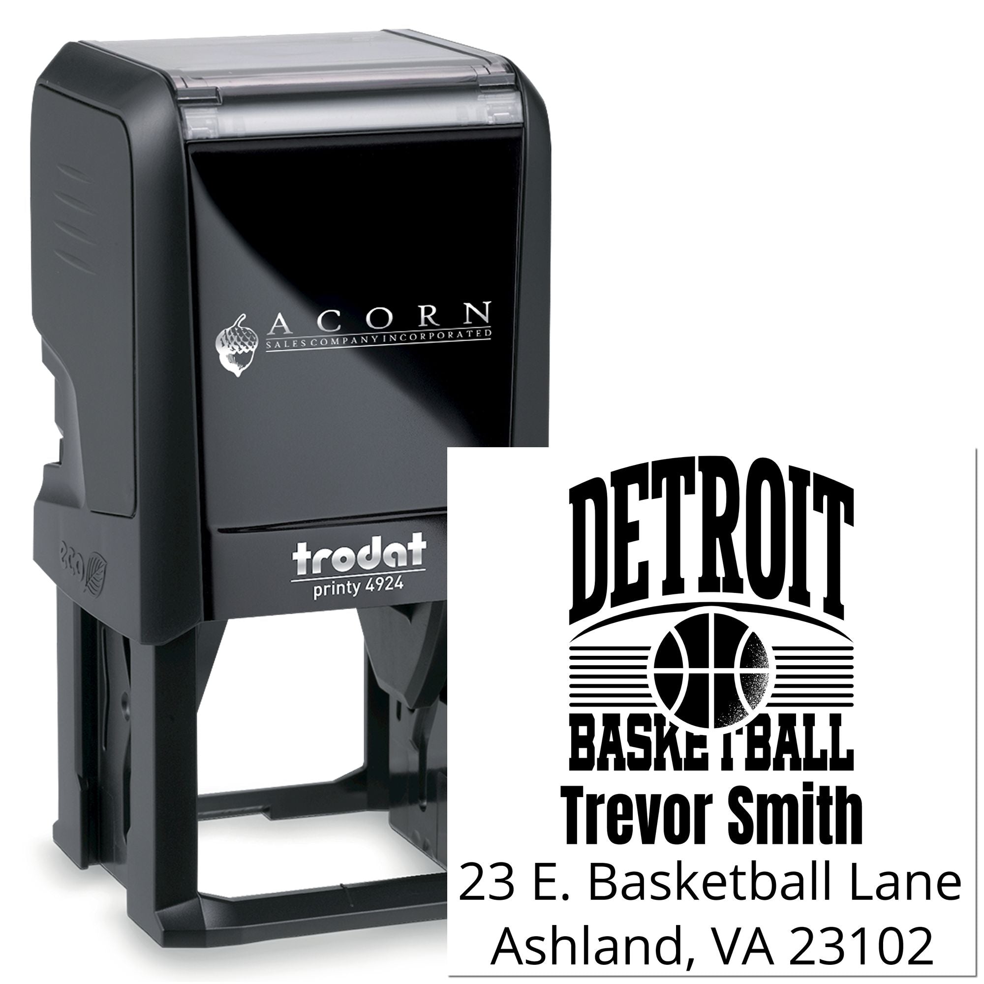 Custom Trodat self-inking rubber stamp with Detroit basketball logo and return address for personalized mailing