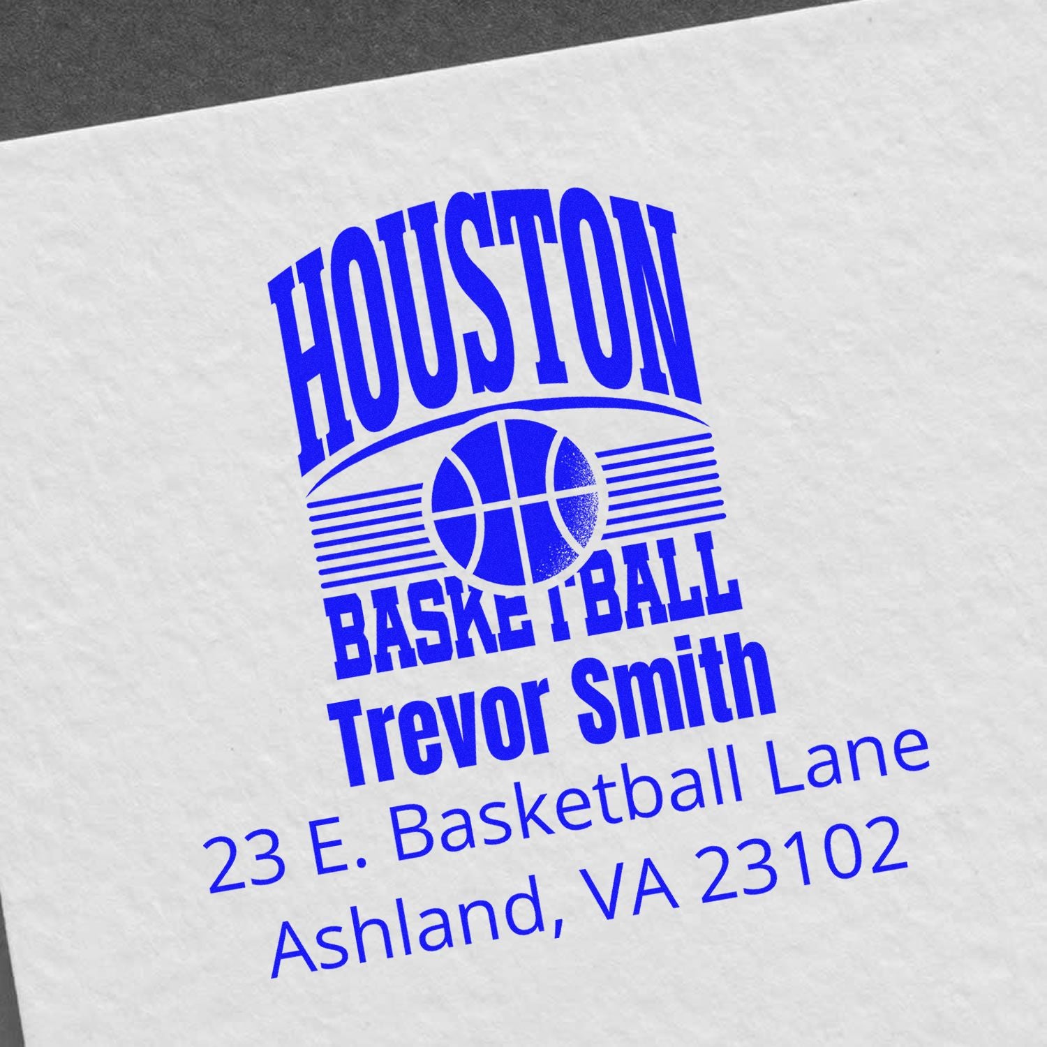 Custom Houston basketball rubber stamp for Trevor Smith with Ashland, VA address.