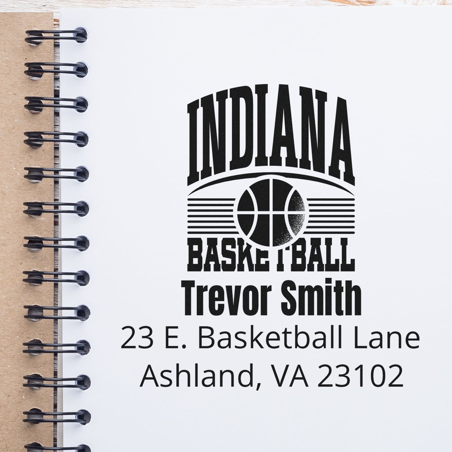 Custom Indiana basketball rubber stamp with return address for Trevor Smith, personalized sports-themed mailing and stationery.