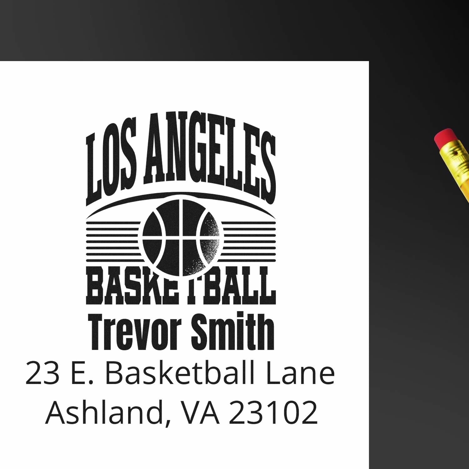 Personalized basketball return address rubber stamp for Trevor Smith, Ashland, VA 23102.