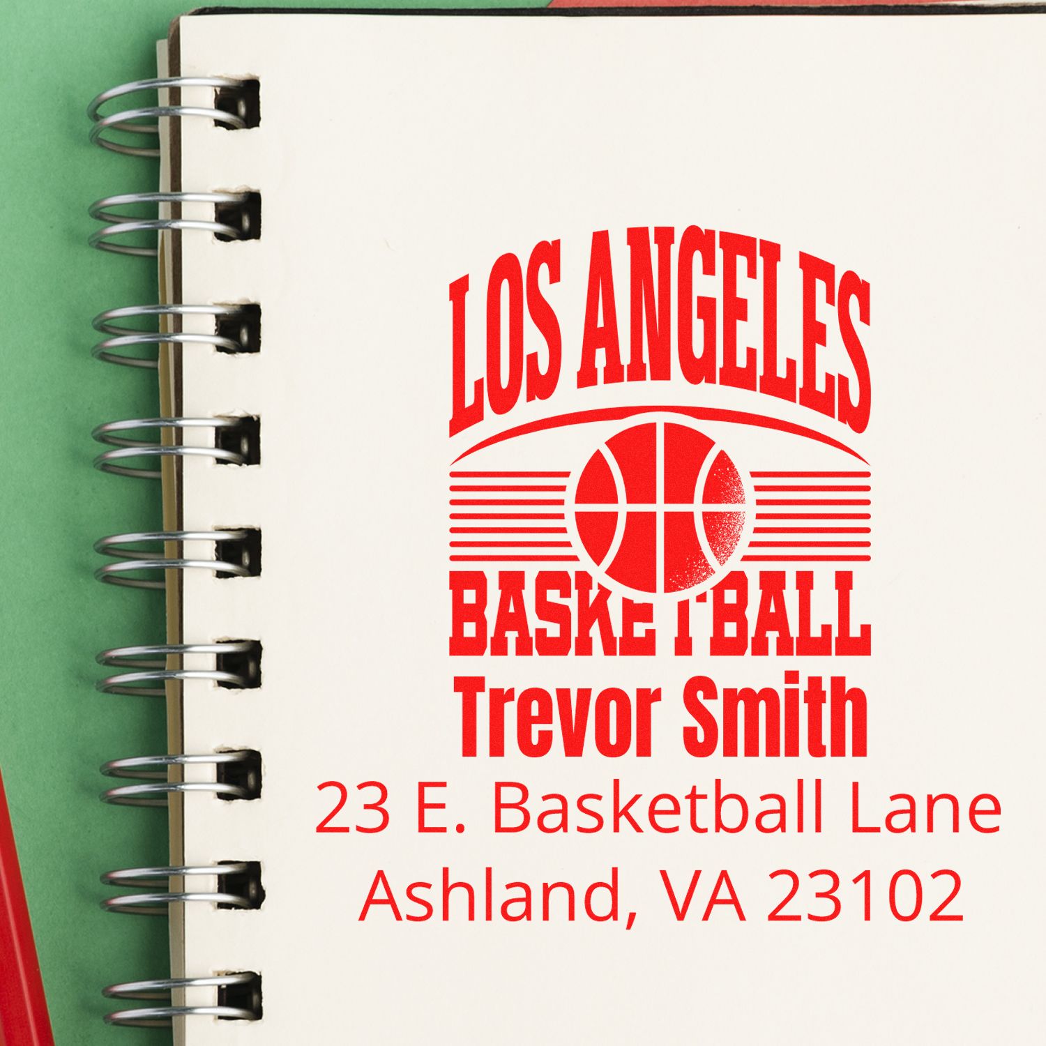 Custom basketball address rubber stamp for Los Angeles Basketball, featuring Trevor Smith and Ashland, VA mailing details.