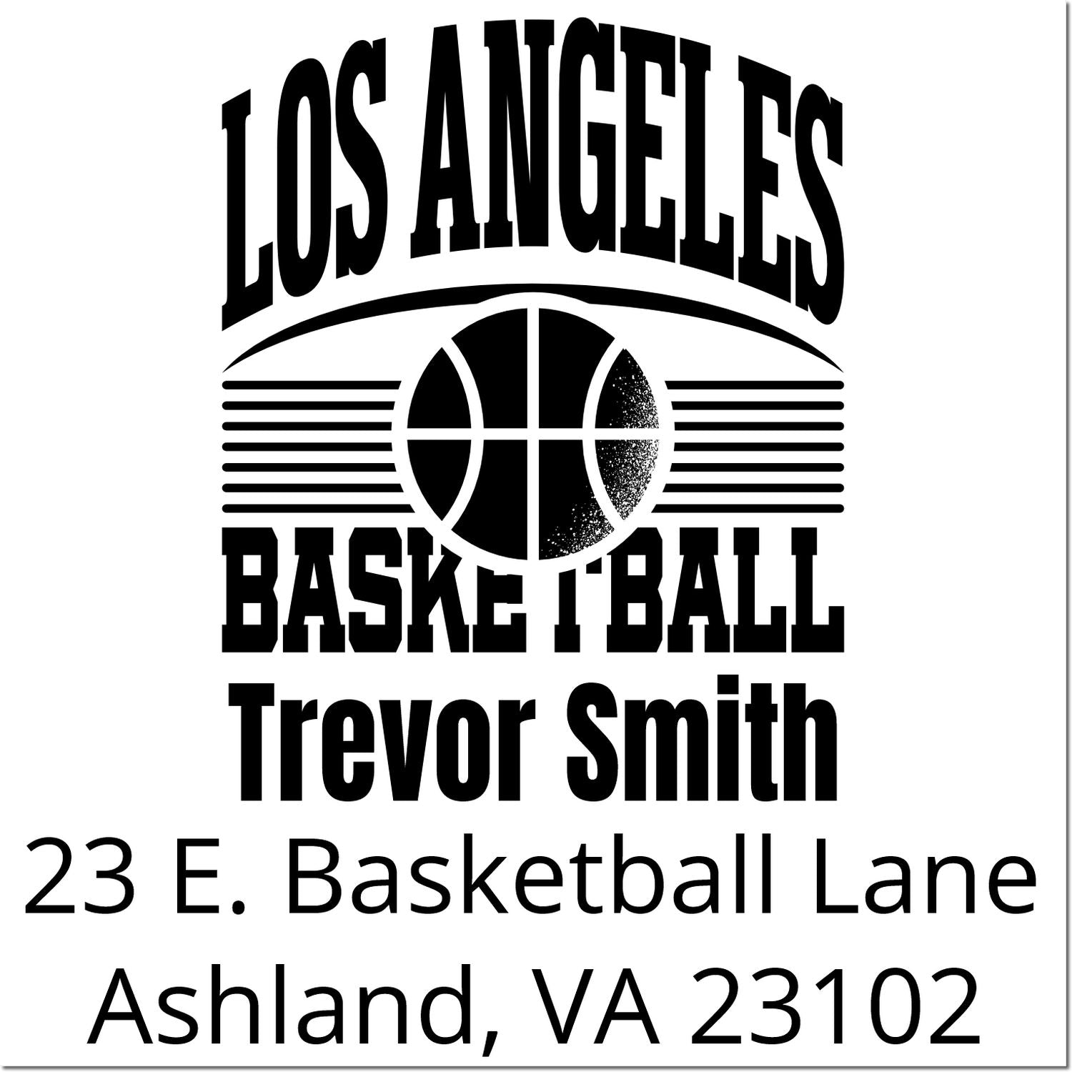 Custom Los Angeles basketball return address rubber stamp for Trevor Smith, 23 E. Basketball Lane, Ashland, VA 23102.