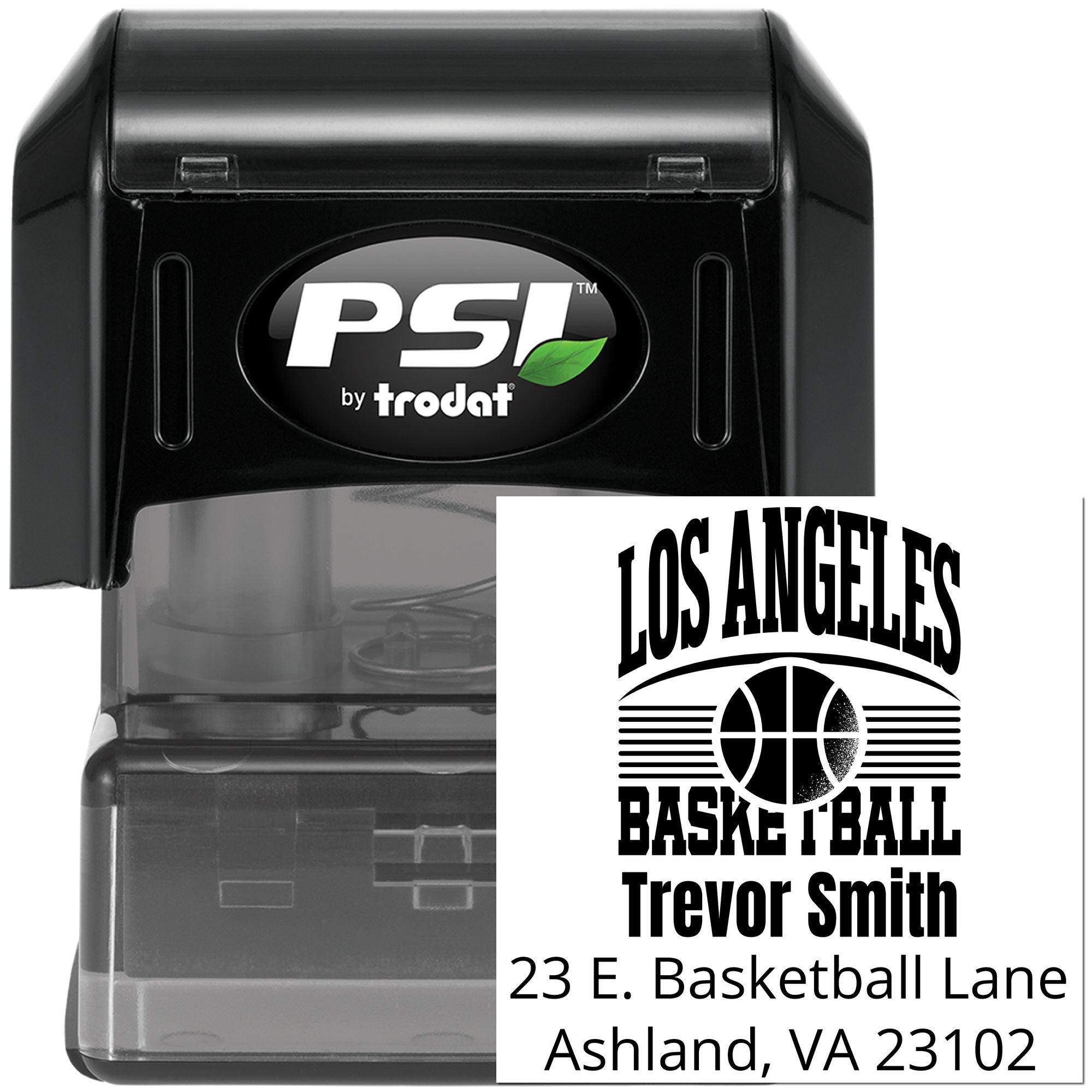 PSI by Trodat self-inking rubber stamp with personalized basketball address imprint for custom mailing and branding.