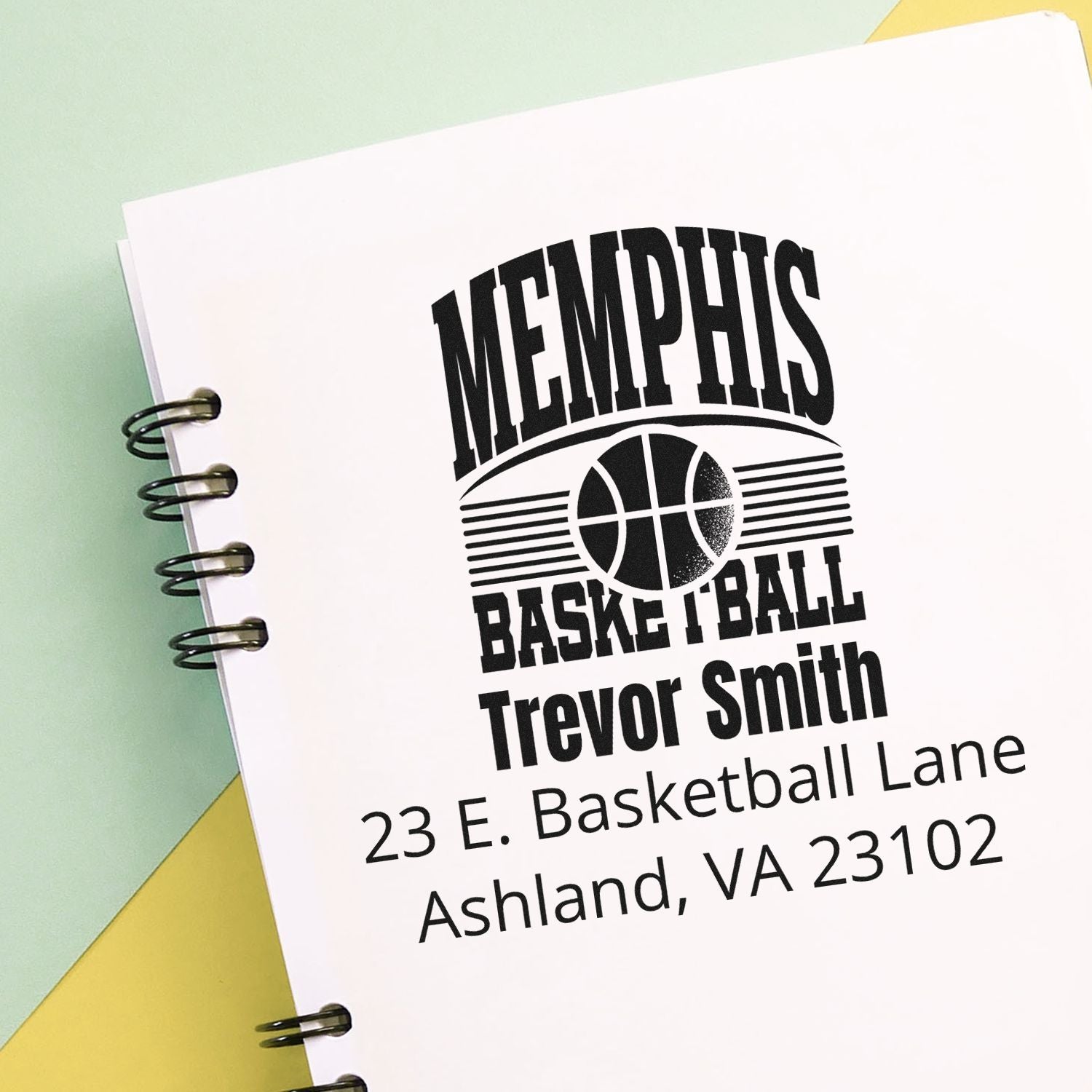 Custom Memphis basketball address stamp with personalized return address for Trevor Smith, Ashland, VA 23102.