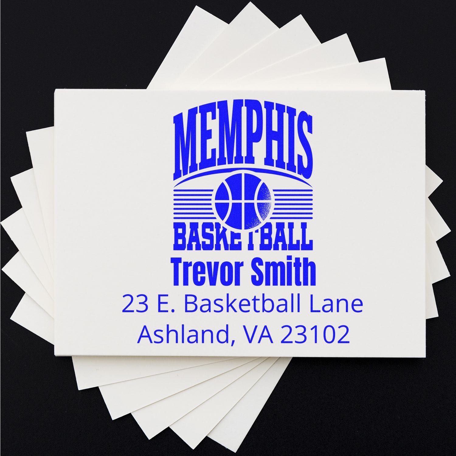 Personalized Memphis Basketball rubber stamp with Trevor Smith return address, Ashland, VA 23102.