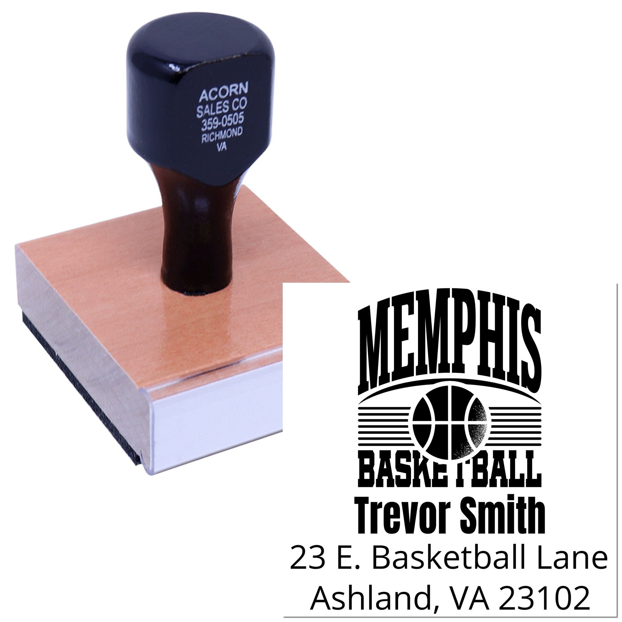 Custom rubber stamp with Memphis Basketball logo and address on a wooden handle for personalized mailing.