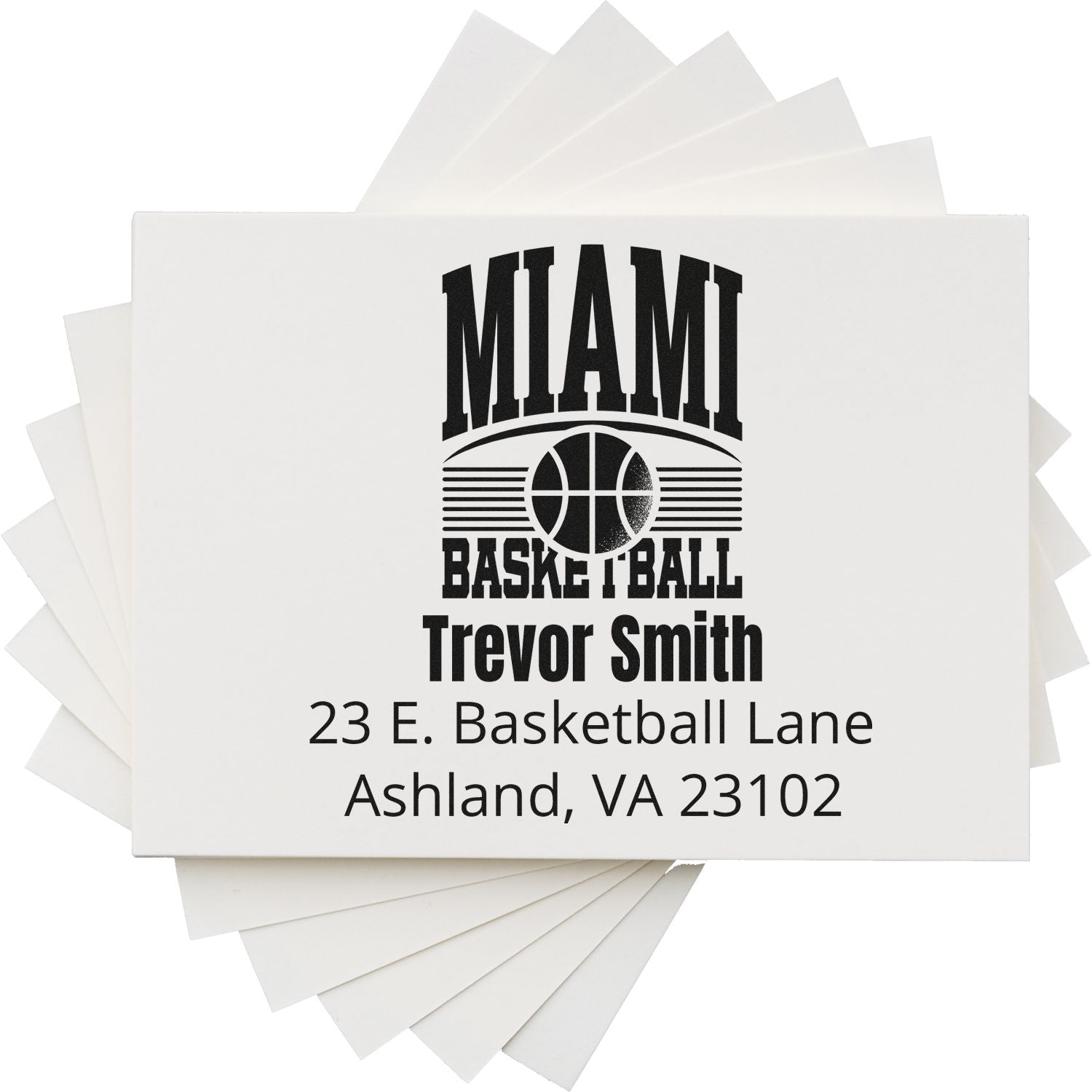 Personalized Miami Basketball return address rubber stamp with Trevor Smith name and Ashland, VA 23102.