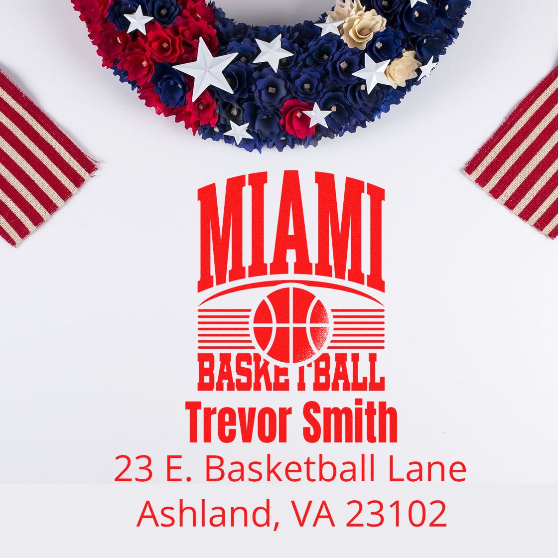 Custom Miami basketball rubber stamp with Trevor Smith name and Ashland, VA address for sports stationery.